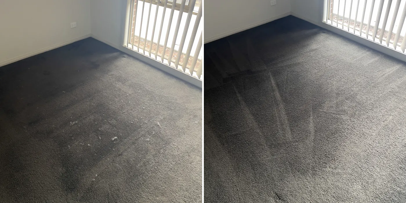 Bedroom carpet in a Laverton house before and after a Green Lion clean — lint and ground-in soil lifted out.