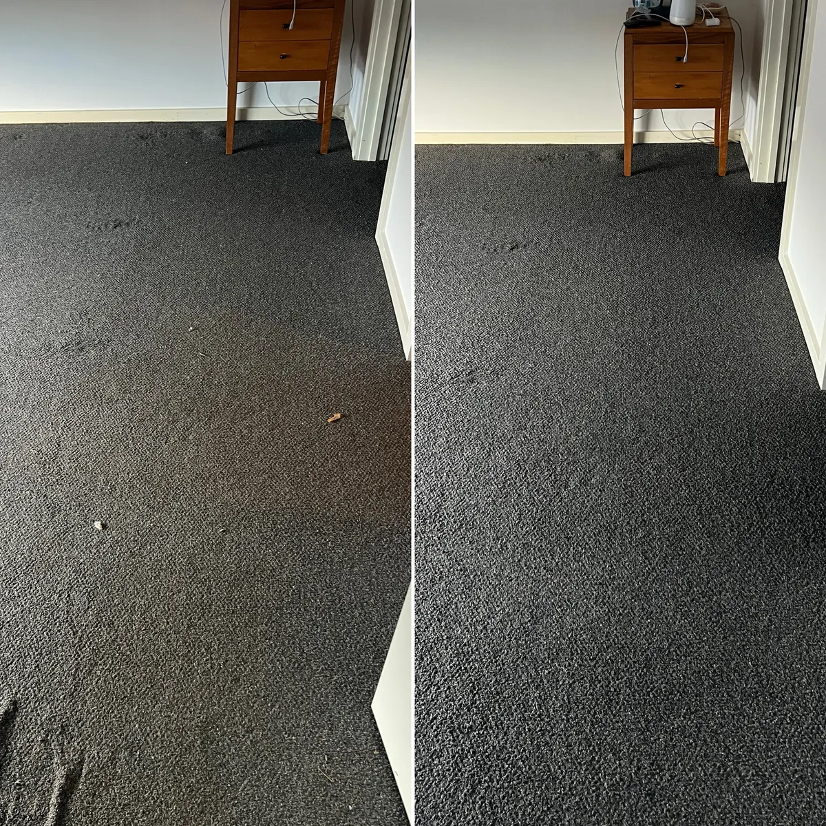 Bedroom carpet before and after a Green Lion clean on a real western Melbourne job.