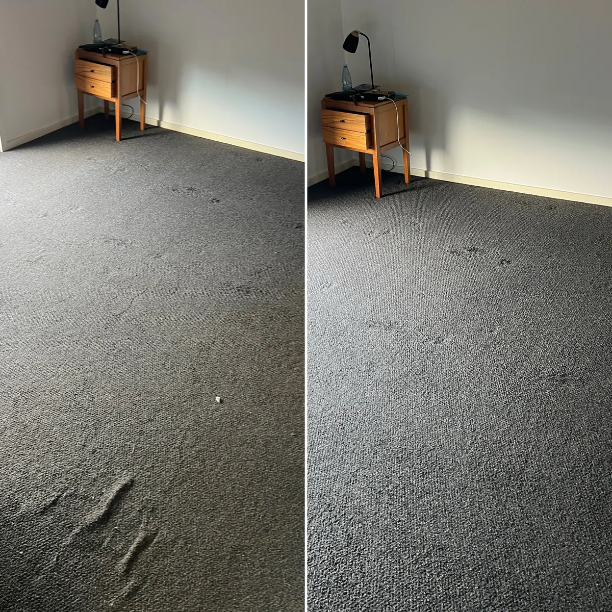 The same bedroom from the doorway, before and after cleaning.