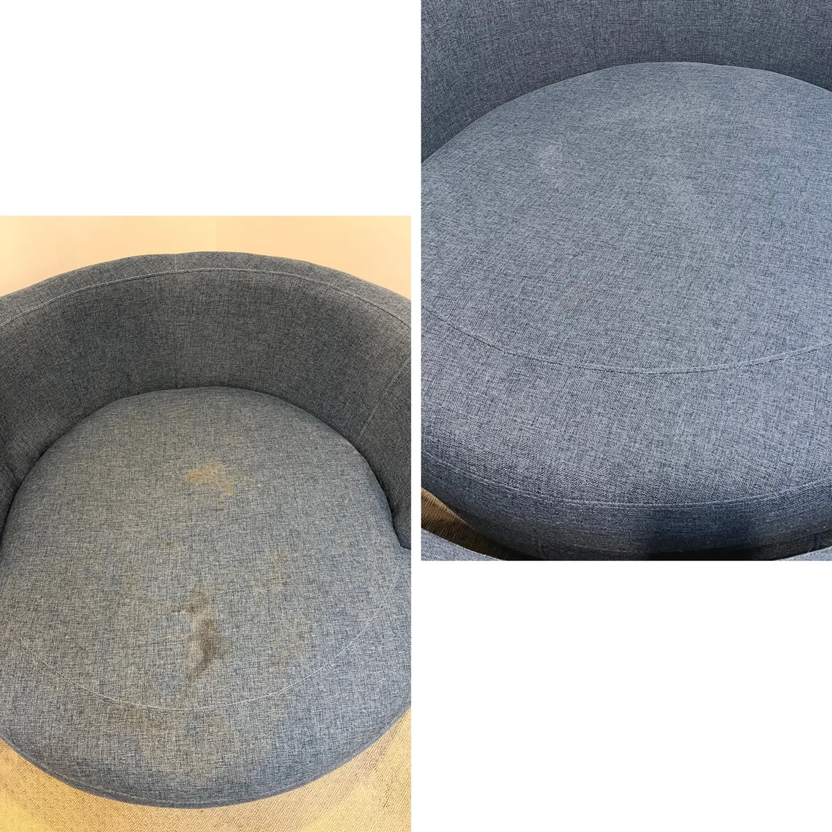 A stained fabric armchair before and after cleaning by Green Lion