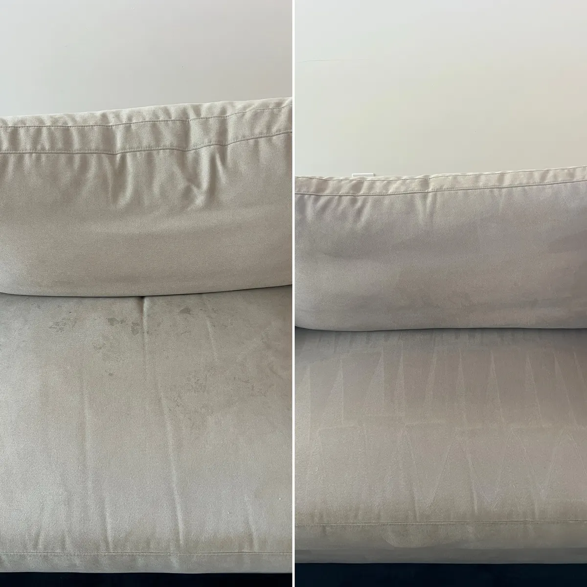 Beige linen couch seat before and after cleaning by Green Lion, the greyed patches lifted out