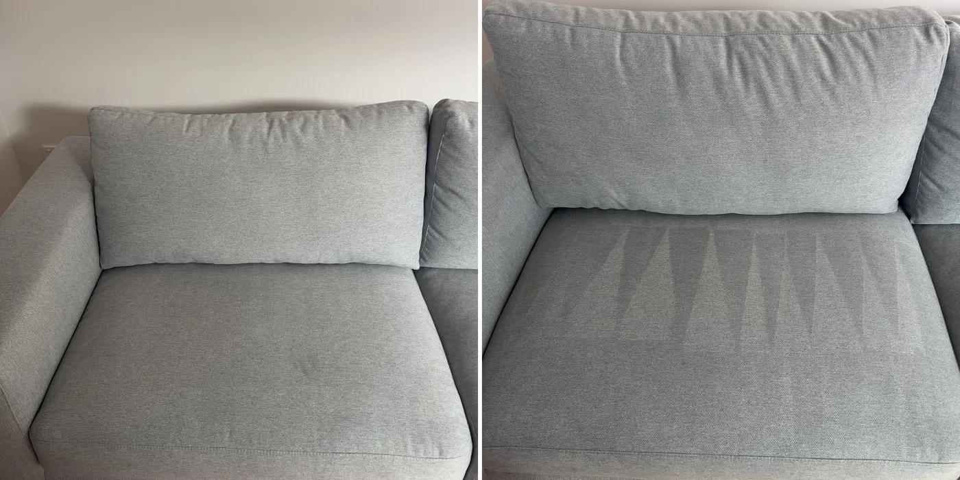 Grey fabric couch before and after cleaning by Green Lion, with the seat freshly groomed