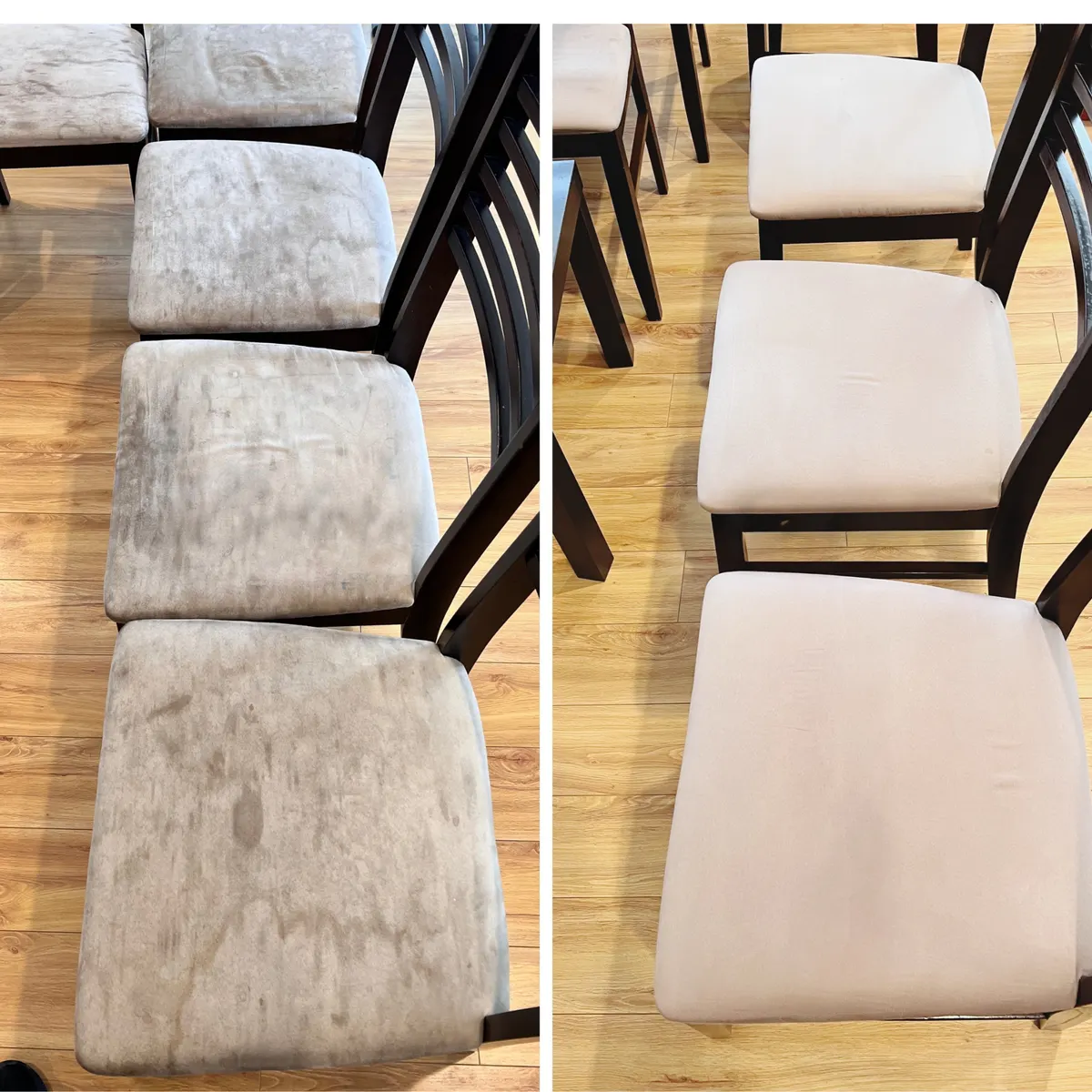 Fabric dining chairs before and after a Green Lion clean