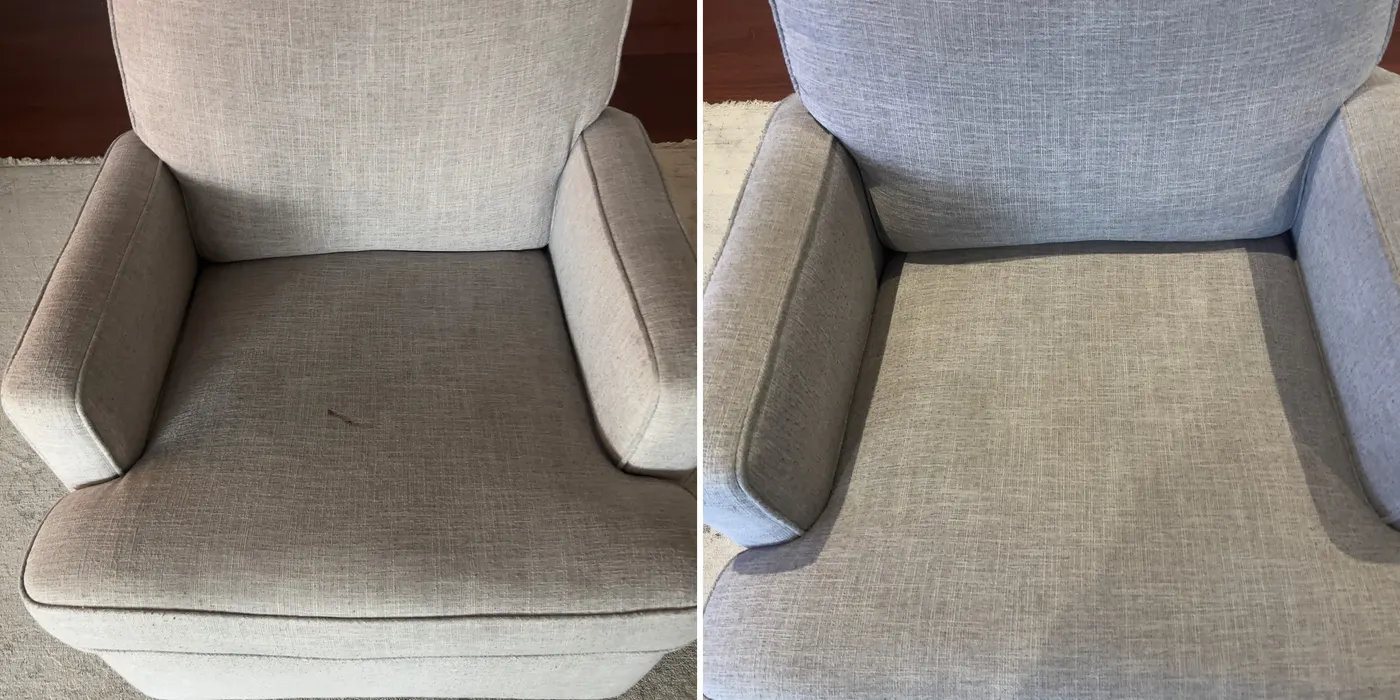 A fabric recliner before and after cleaning, close up
