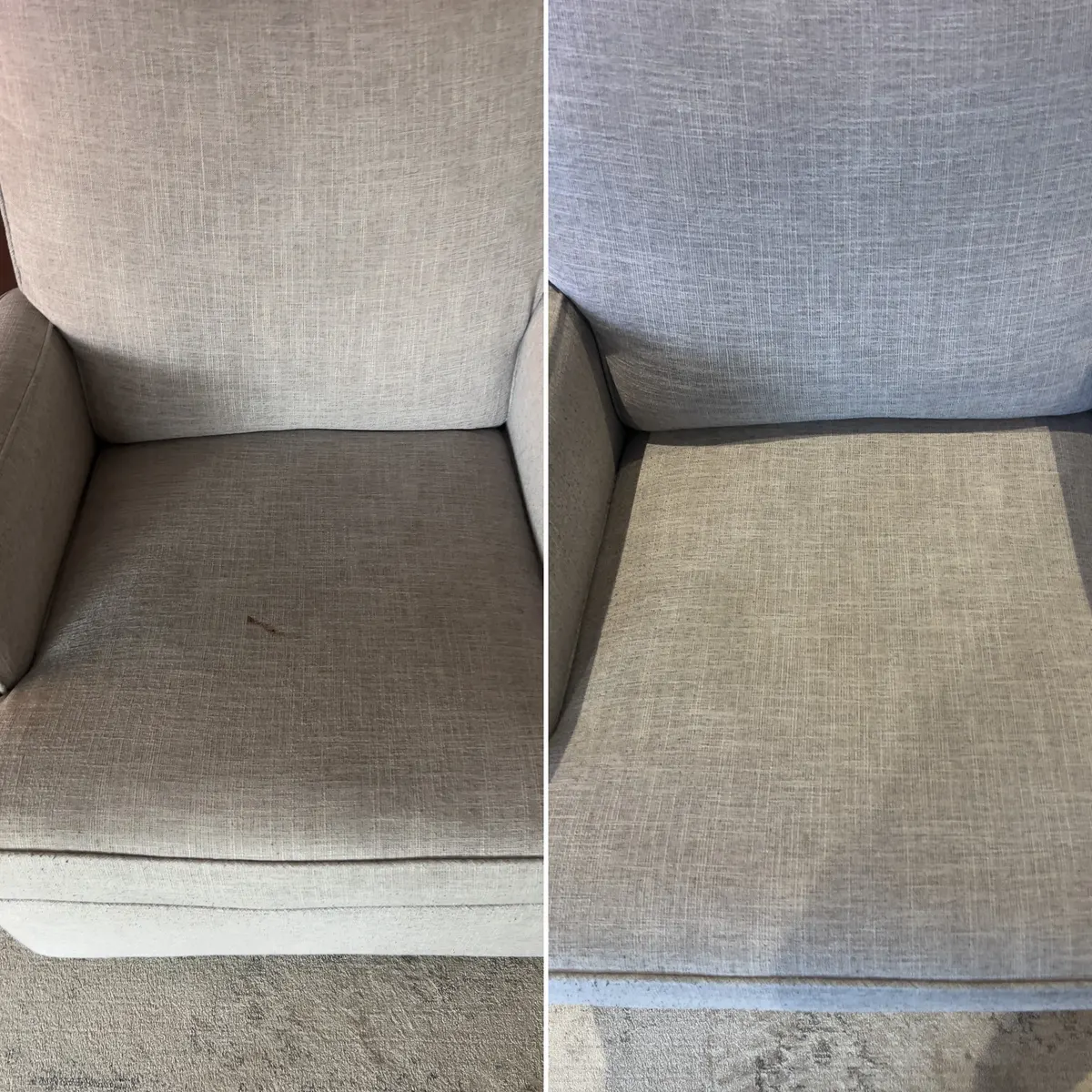 Fabric recliner seat before and after cleaning on a Point Cook job, the mark on the cushion lifted out