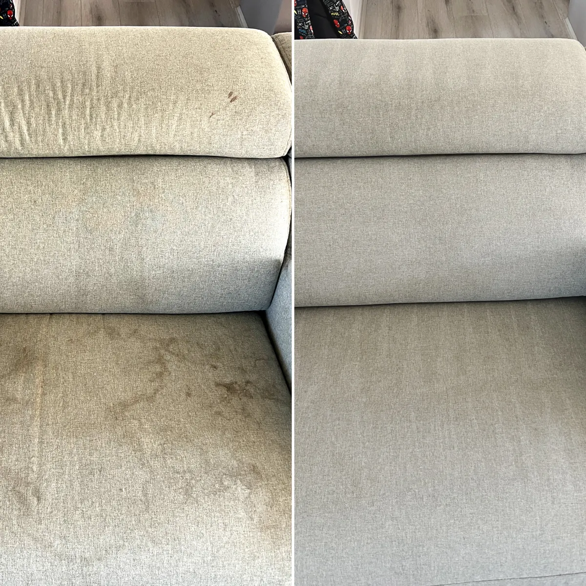 Fabric couch before and after a Green Lion clean, Melbourne's west