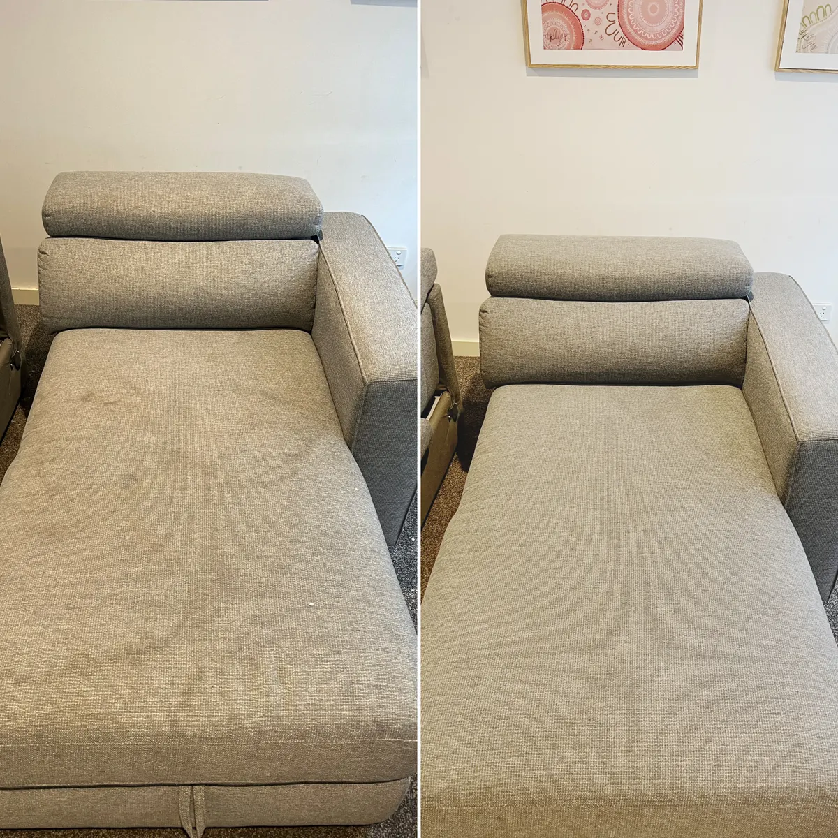 Chaise couch before and after a Green Lion upholstery clean