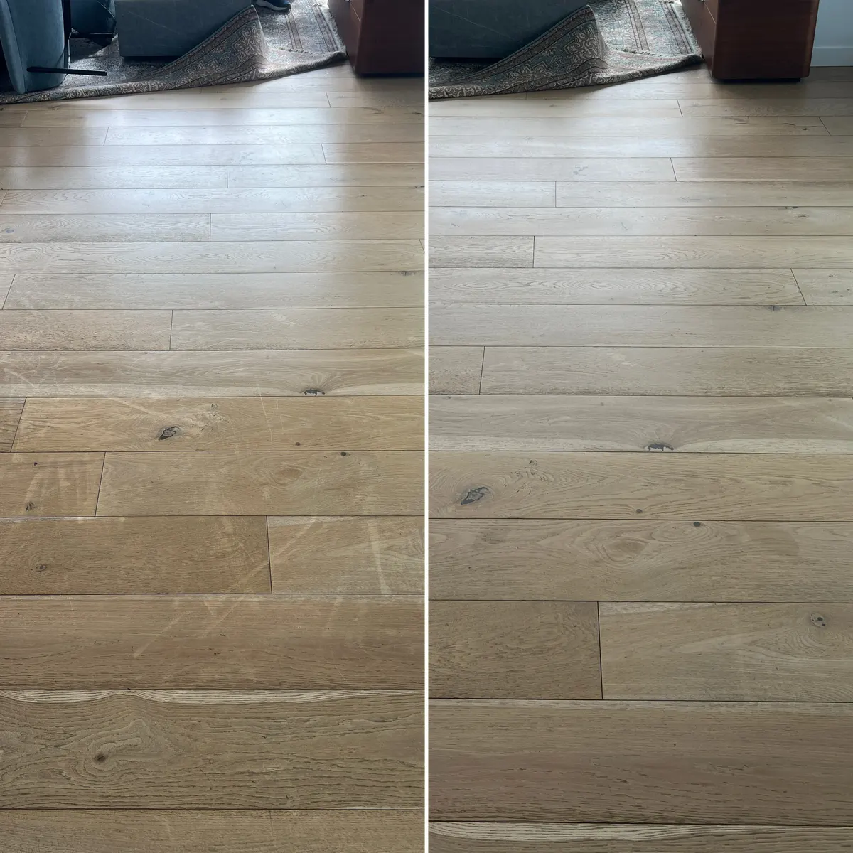 Timber floorboards in a Williamstown apartment, before and after cleaning. The cloudy film on the boards is gone.