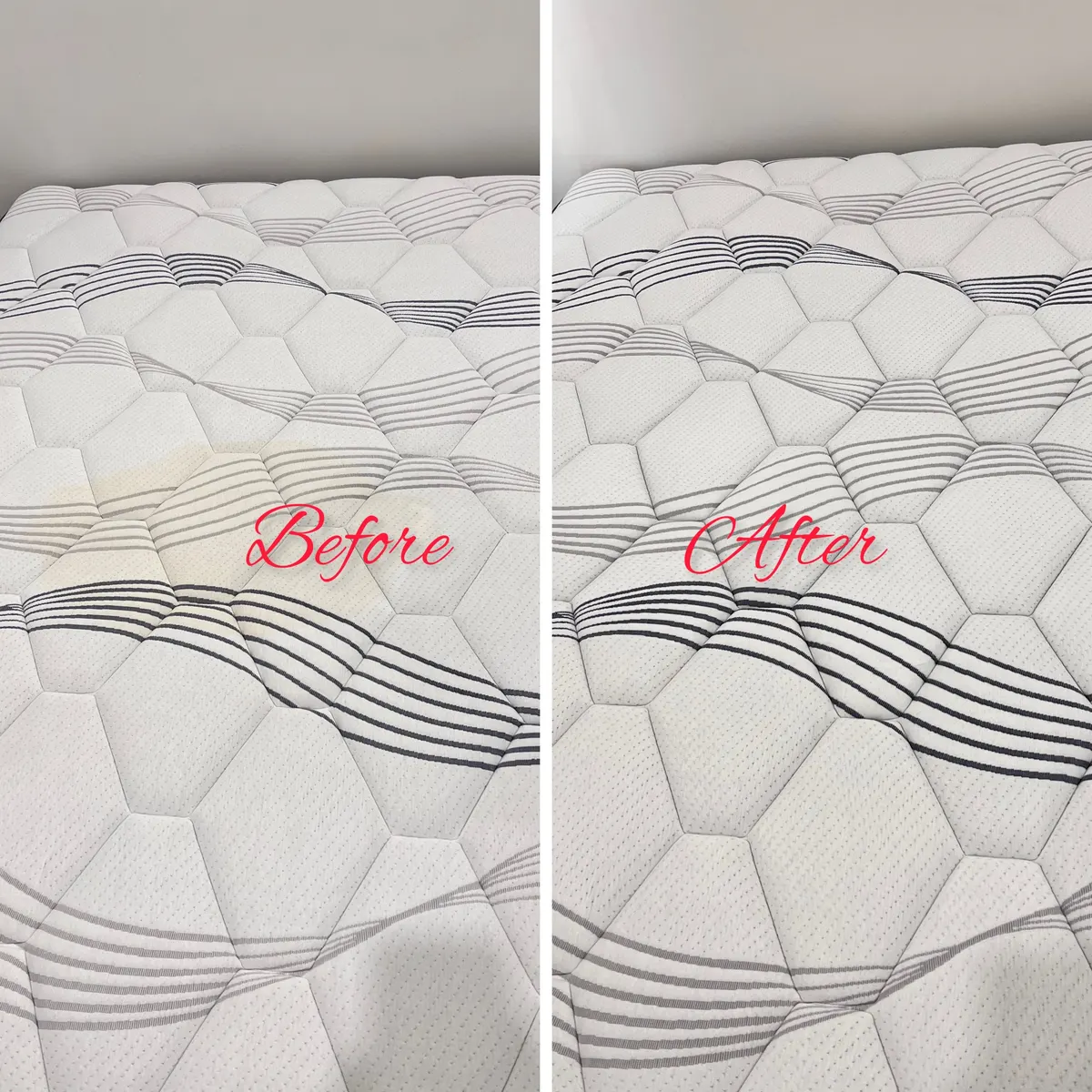 Mattress before and after a Green Lion clean — stain lifted, real job