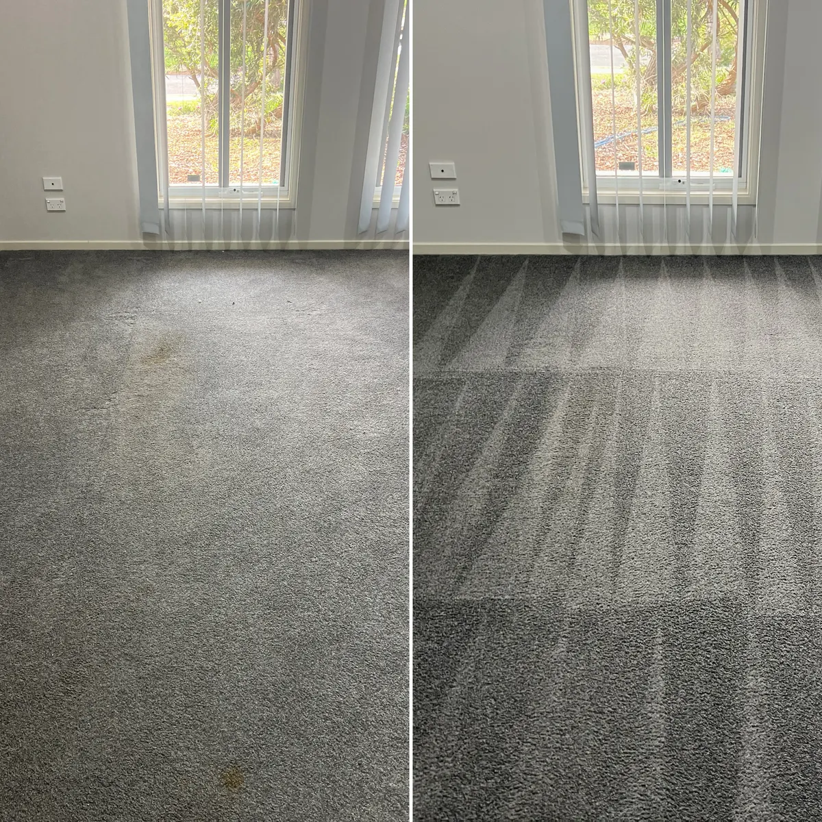 Bedroom carpet in a Point Cook house, before and after cleaning. The brown marks by the window and the spot in the middle are gone.