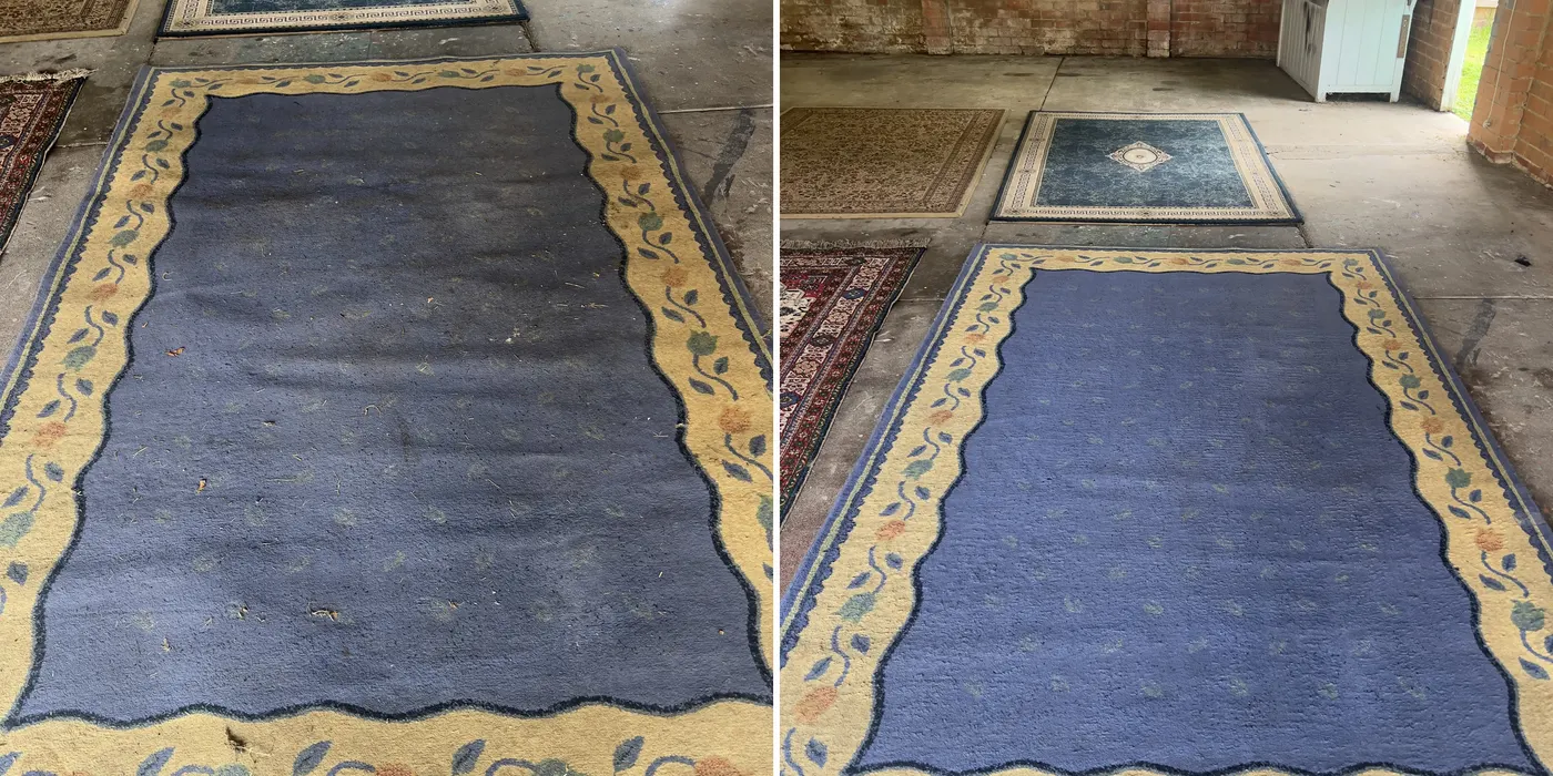 A large blue and cream patterned rug before and after cleaning, the dulled pile and grit lifted out