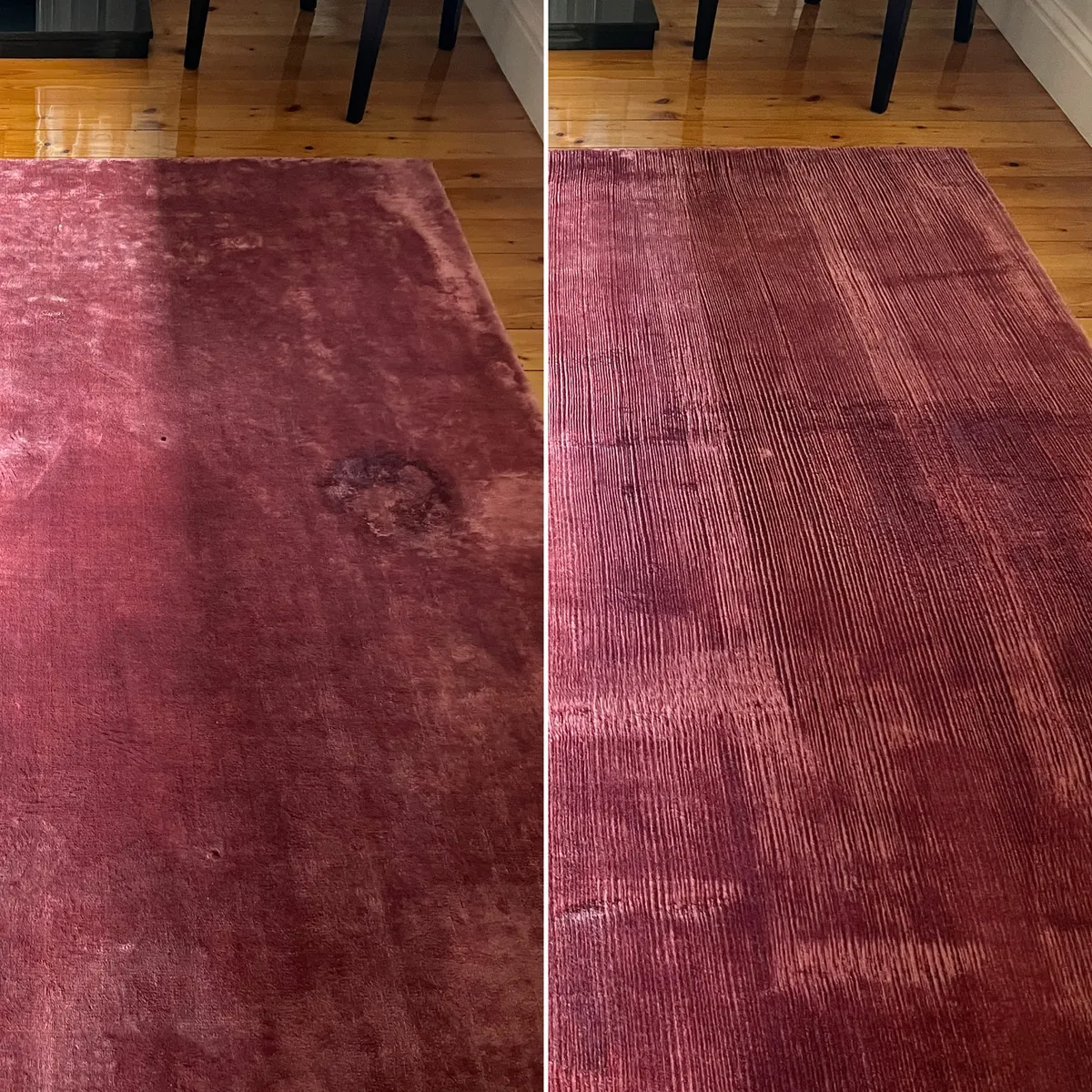 A deep-red rug before and after cleaning by Green Lion, the marked patch lifted out.