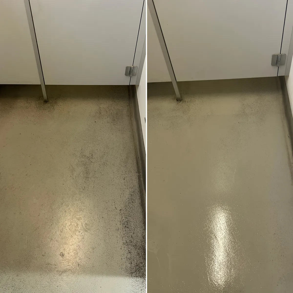 A toilet cubicle floor at an Altona workplace, before and after cleaning. The brown film along the walls and under the door is gone.