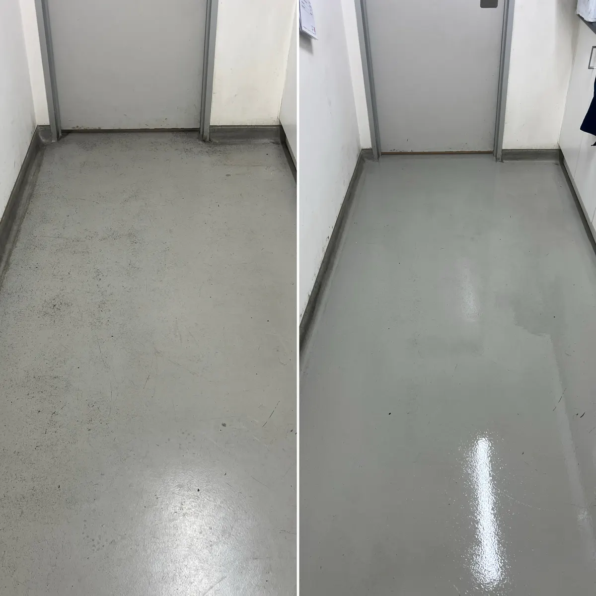 A grey floor in a corridor at the same Altona workplace, before and after cleaning. The scuffed, dull surface comes back clean and glossy.