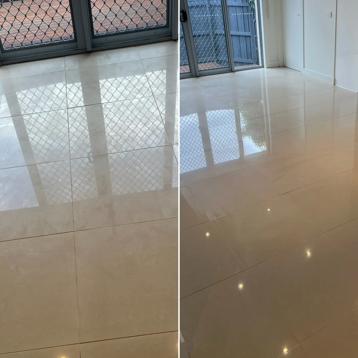 Living-room floor tiles at a Werribee job, before and after cleaning. The dull film lifts and the floor reflects the doorway again.