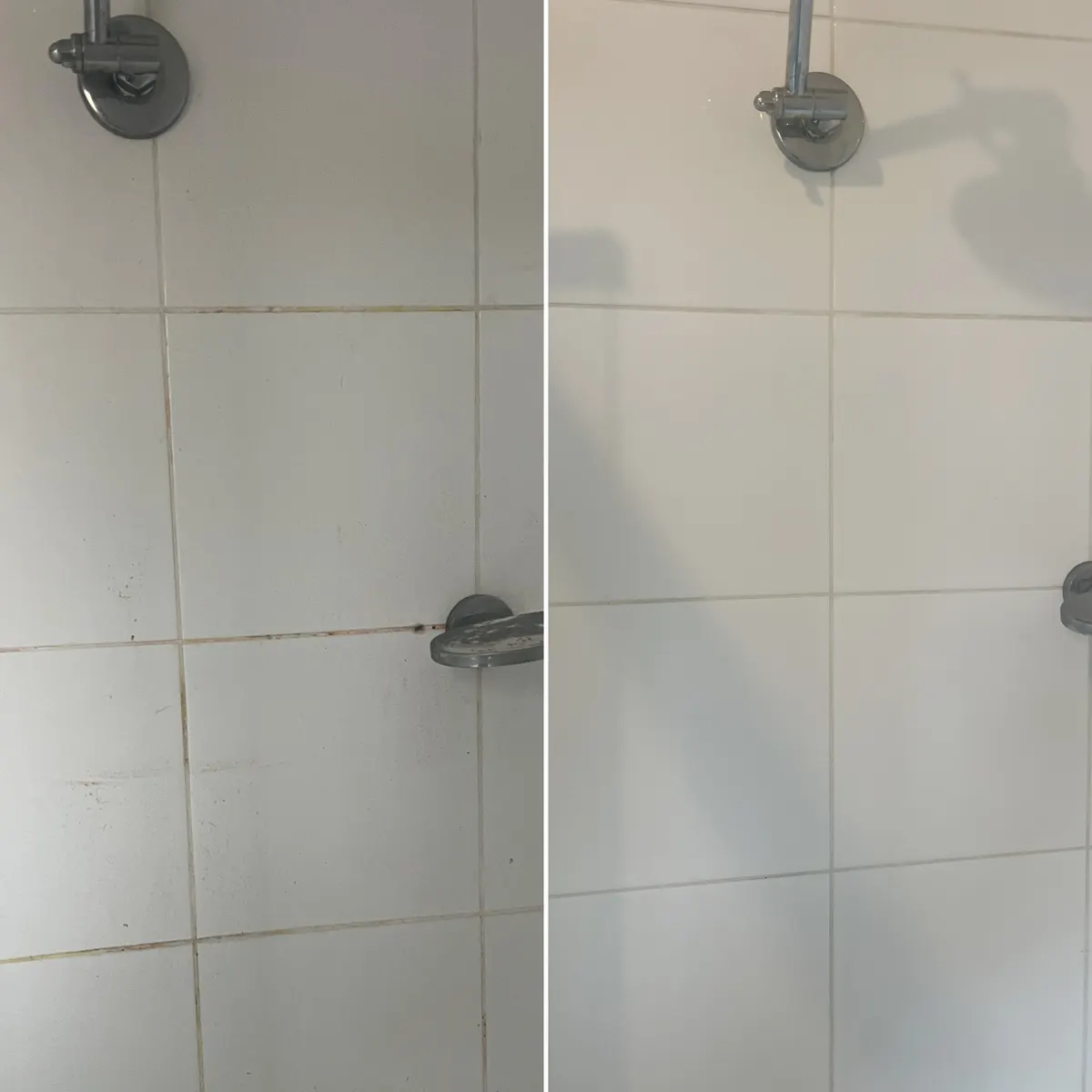 Shower wall tiles and grout before and after a restoration clean by Green Lion, Melbourne's west