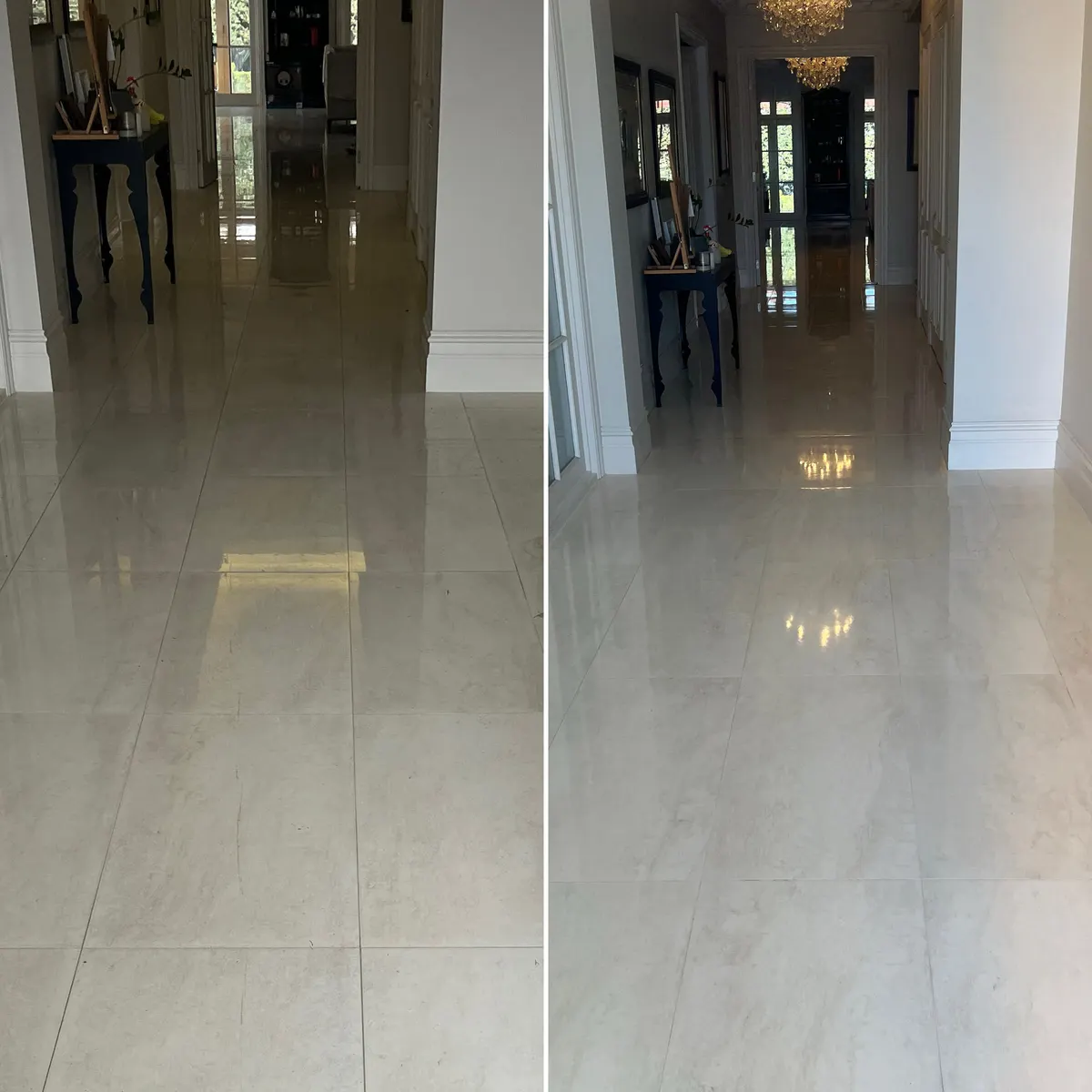 Hallway tile and grout before and after a Green Lion restoration clean.