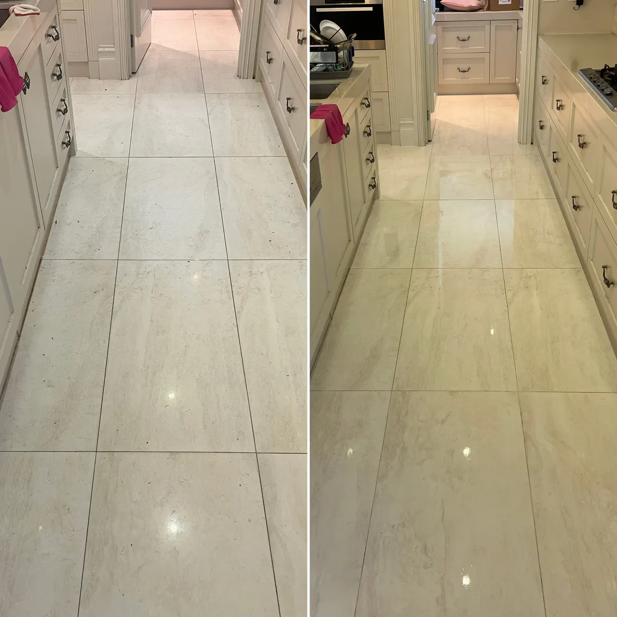 Kitchen floor tile before and after cleaning — the gloss brought back.