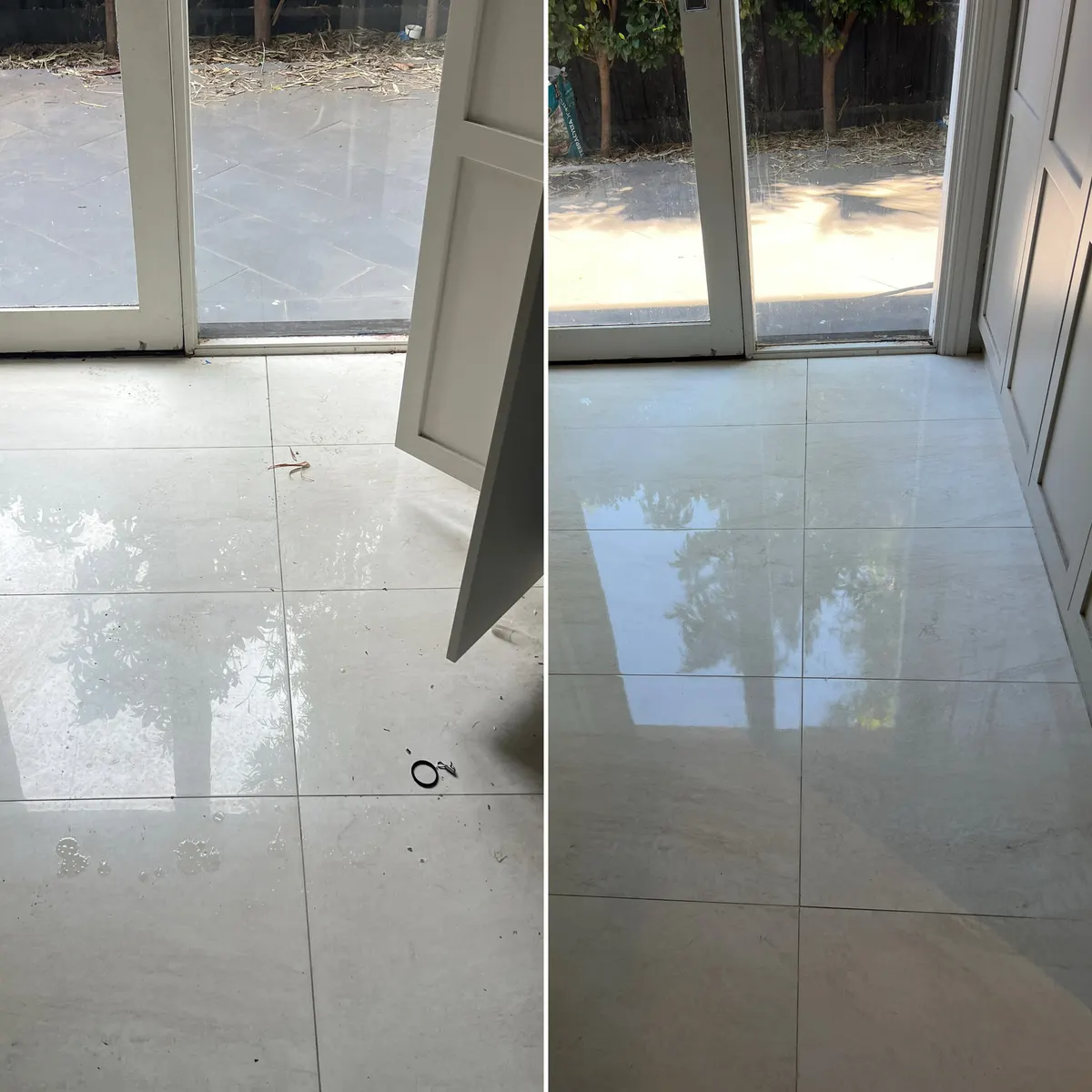 Tile at a patio doorway before and after a Green Lion clean.