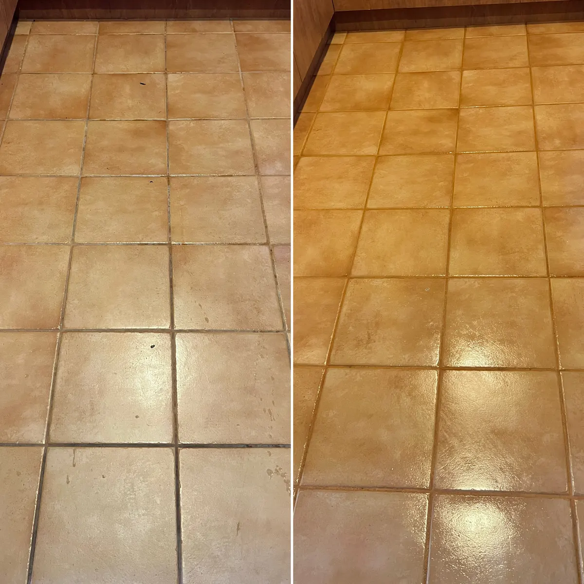 Kitchen floor tiles at a Sanctuary Lakes job, before and after cleaning. The dull haze is gone and the grout lines read clean again.