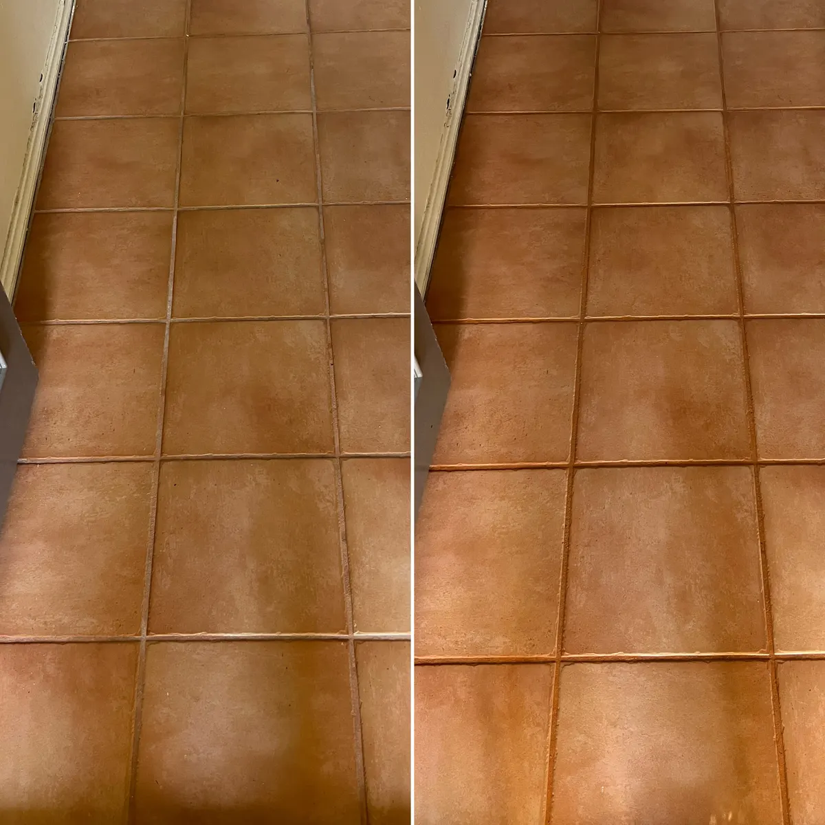 Hallway tiles in the same Sanctuary Lakes house, before and after. The grout is cleaner along the whole run.