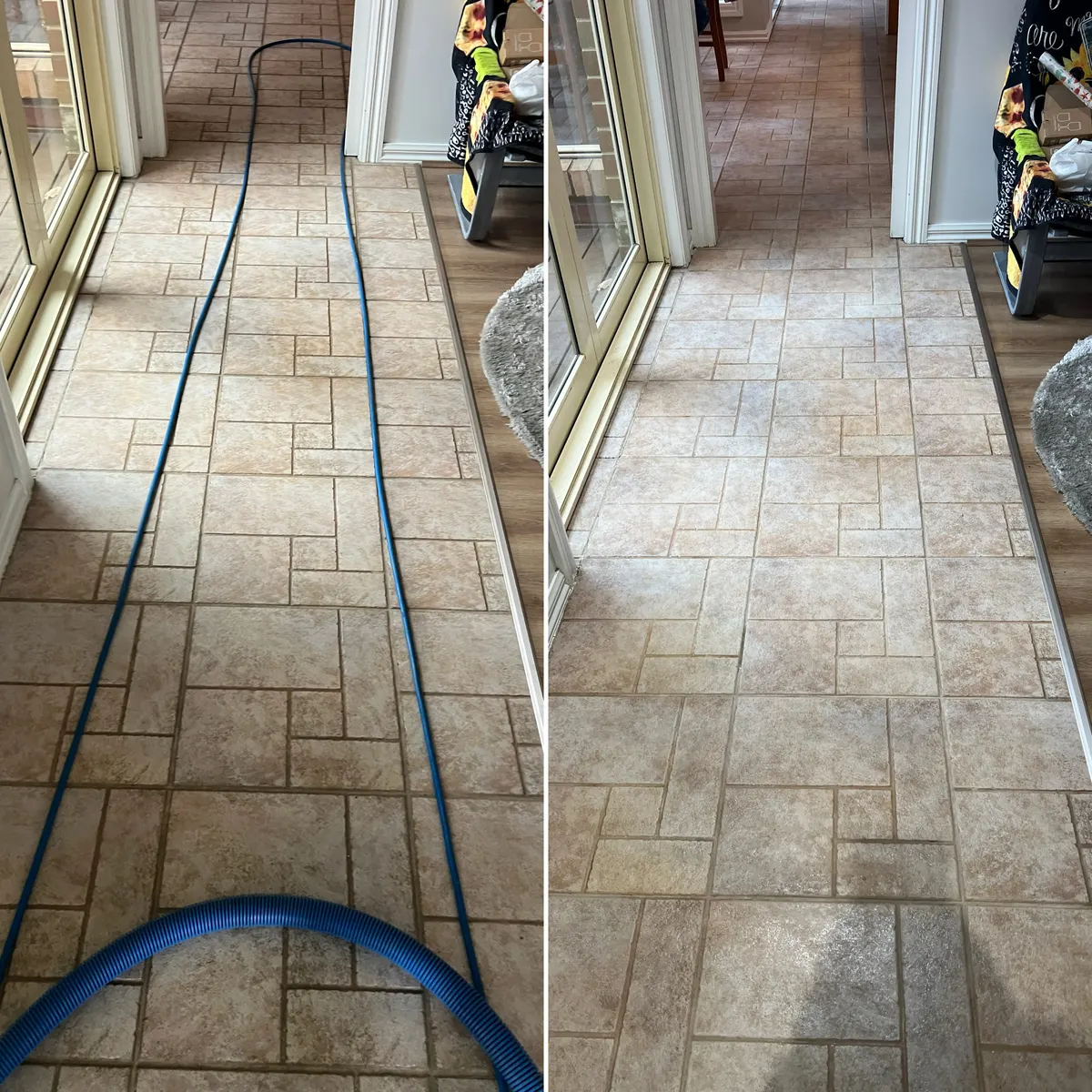 Tiles by a sliding door at a Wyndham Vale job, with the cleaning hose still on the floor in the before shot. The grey cast is gone in the after.
