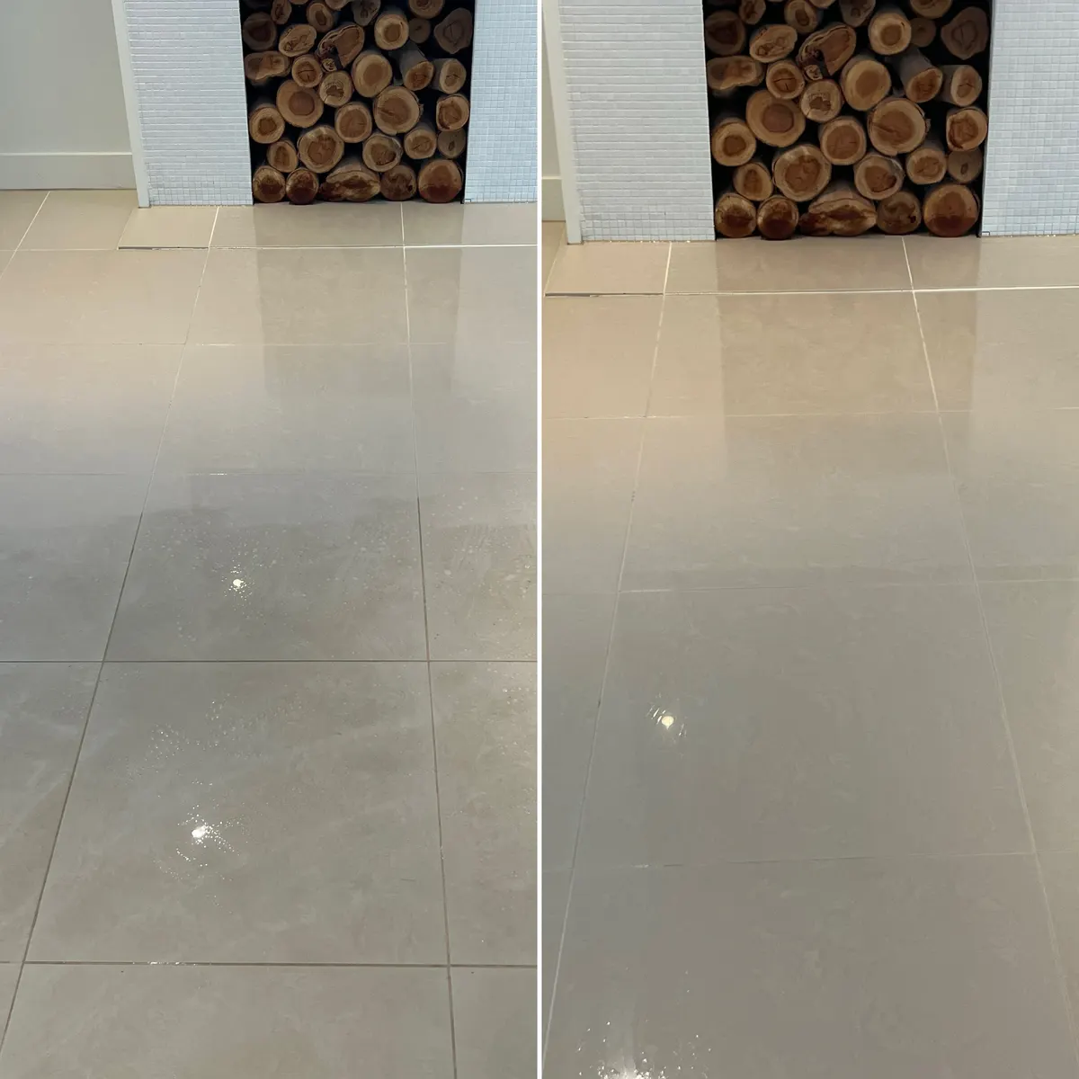 Floor tiles by the log store in the same Werribee house, before and after. The grout lines come back light and the surface picks up the light.