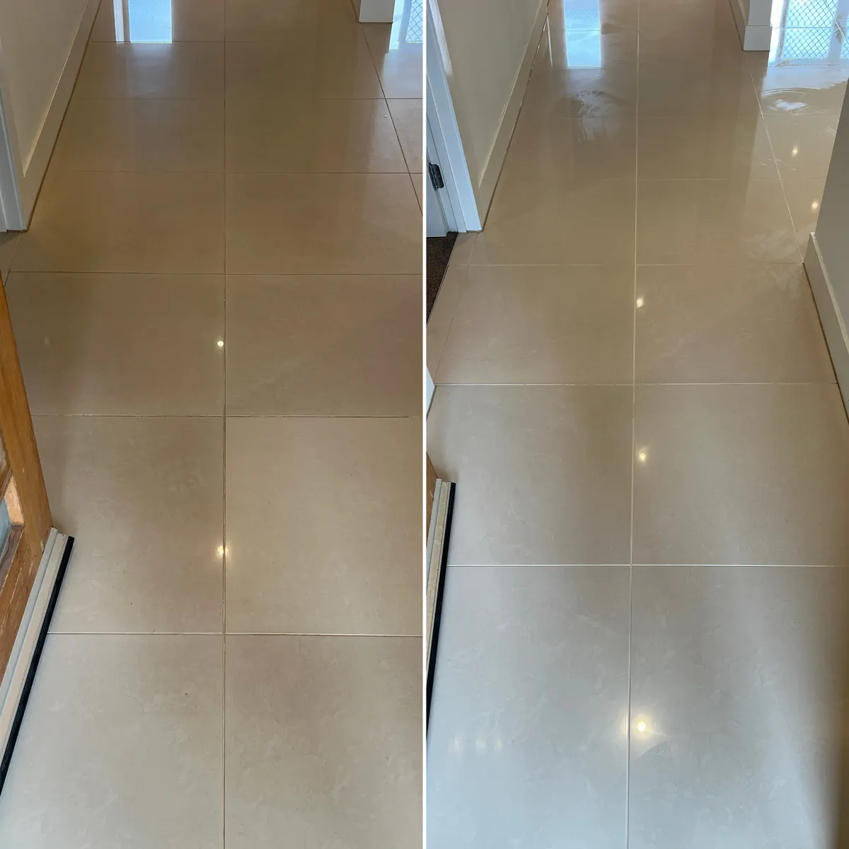 Hallway tiles at the Werribee job, before and after cleaning, with the shine back along the whole run.