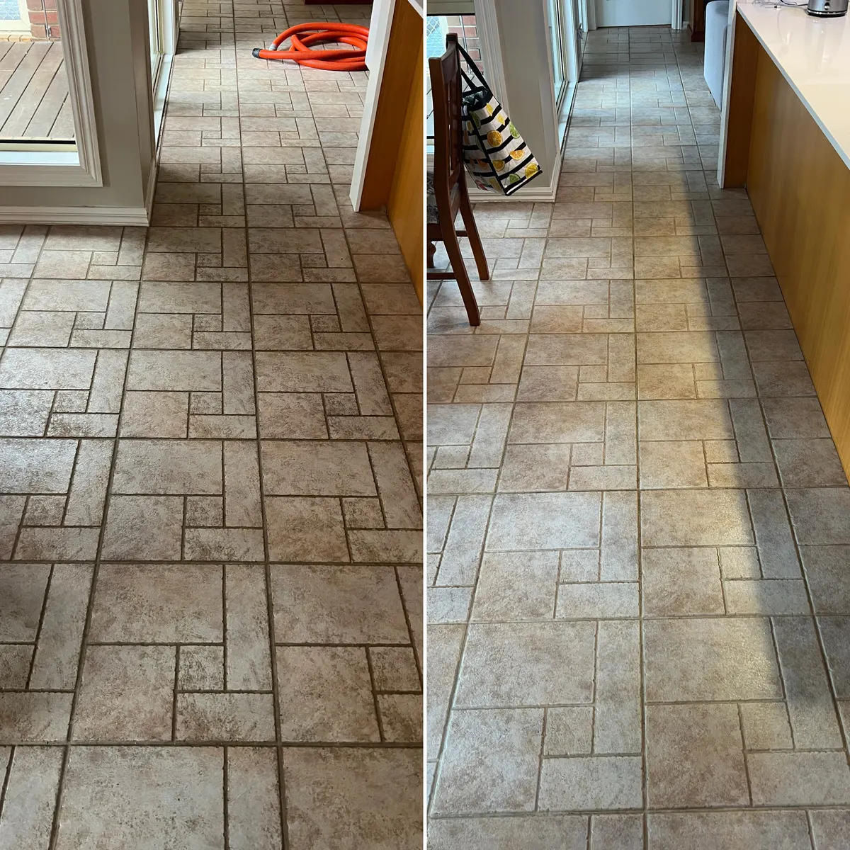 The tiled walkway beside the kitchen bench in the same Wyndham Vale house, before and after. The grey film is off and the floor looks lighter from end to end.