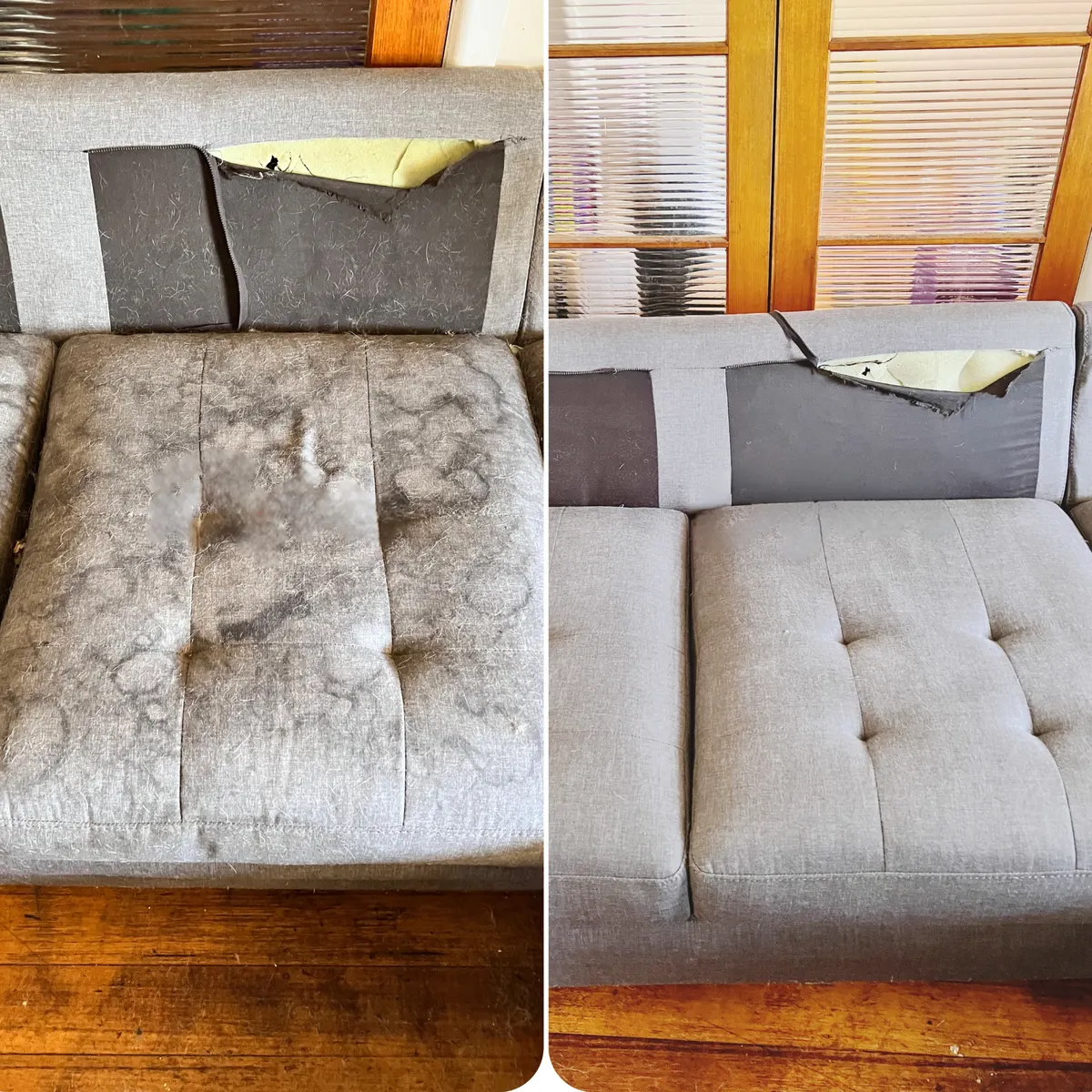 Upholstery before and after a Green Lion clean on a real job
