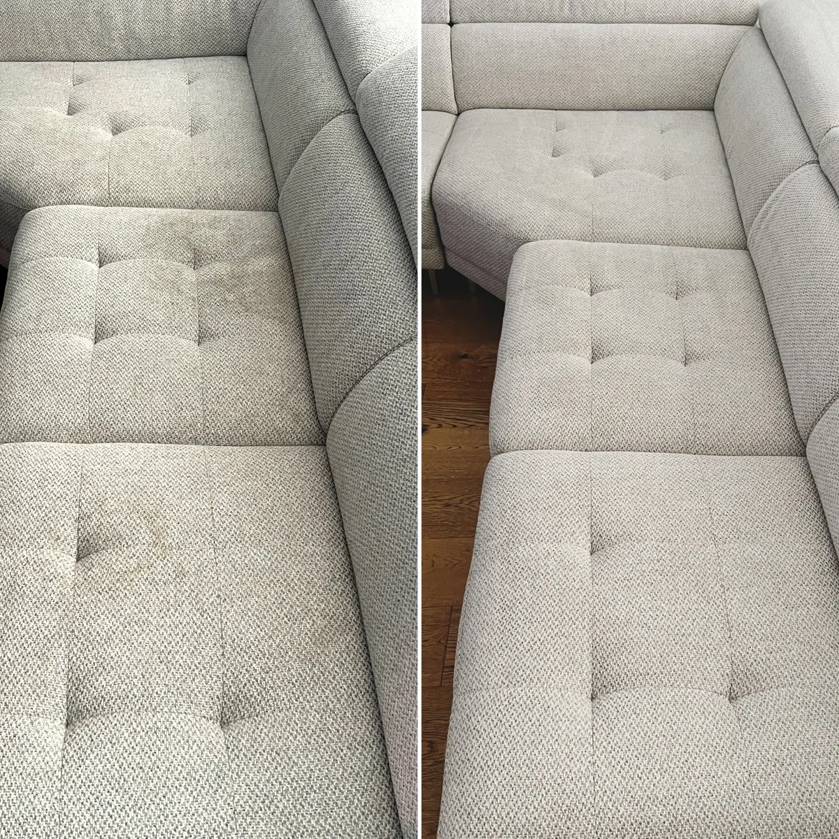 A light grey tufted modular sofa, before and after cleaning. The grubby marks across the seats are gone.