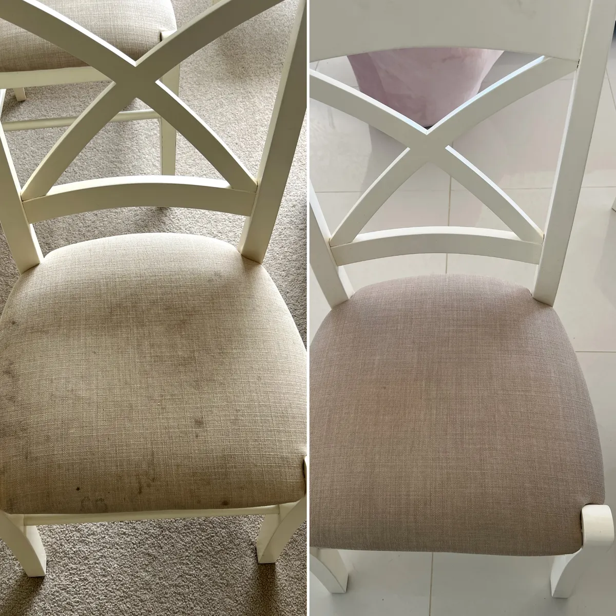 Dining chair before and after upholstery cleaning by Green Lion