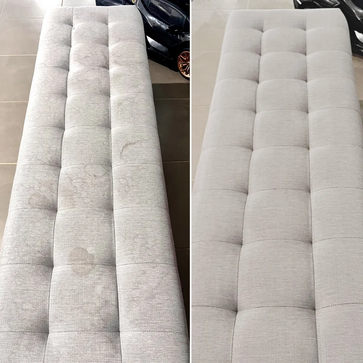 Upholstered bench before and after a Green Lion clean, Melbourne