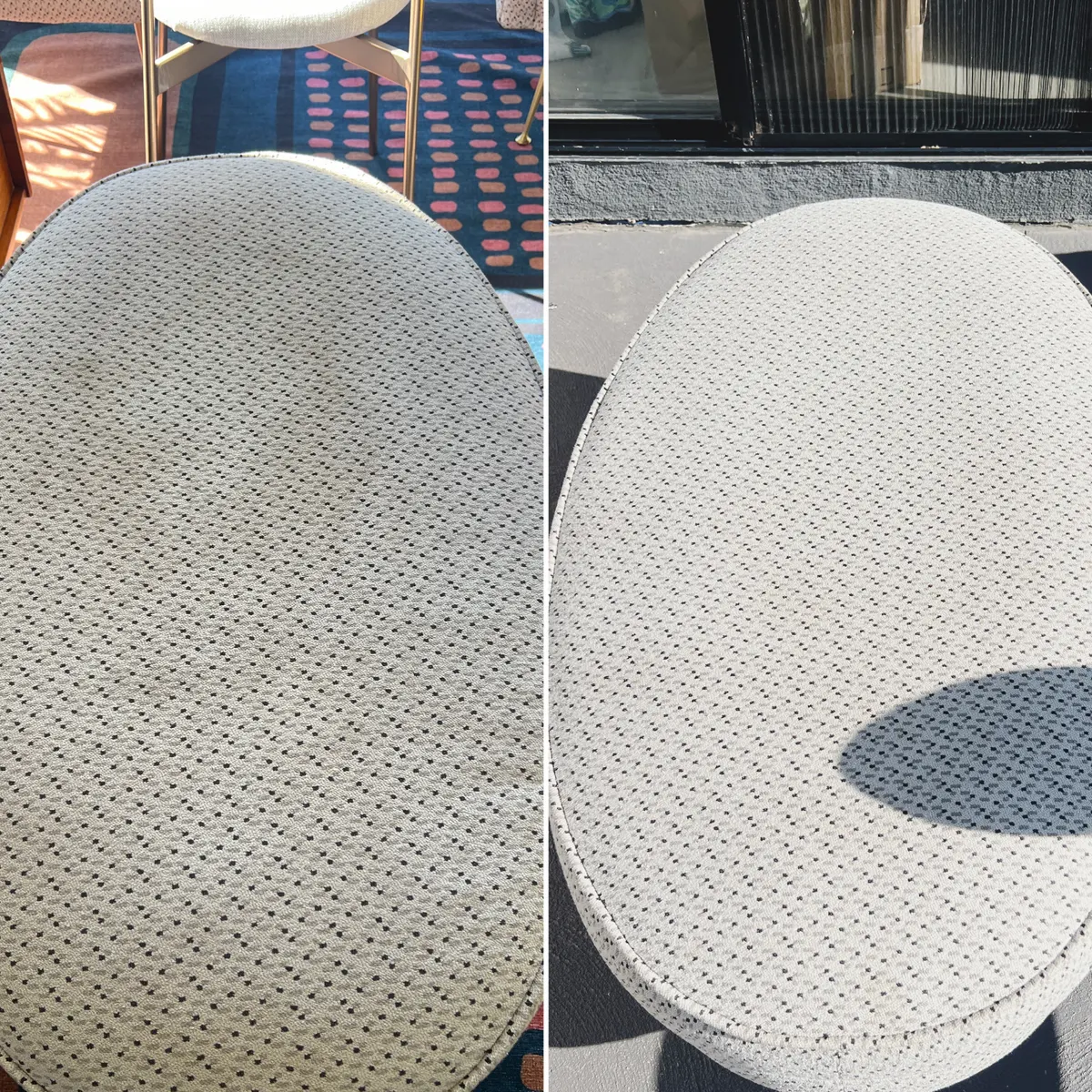 Upholstered ottoman before and after a Green Lion clean