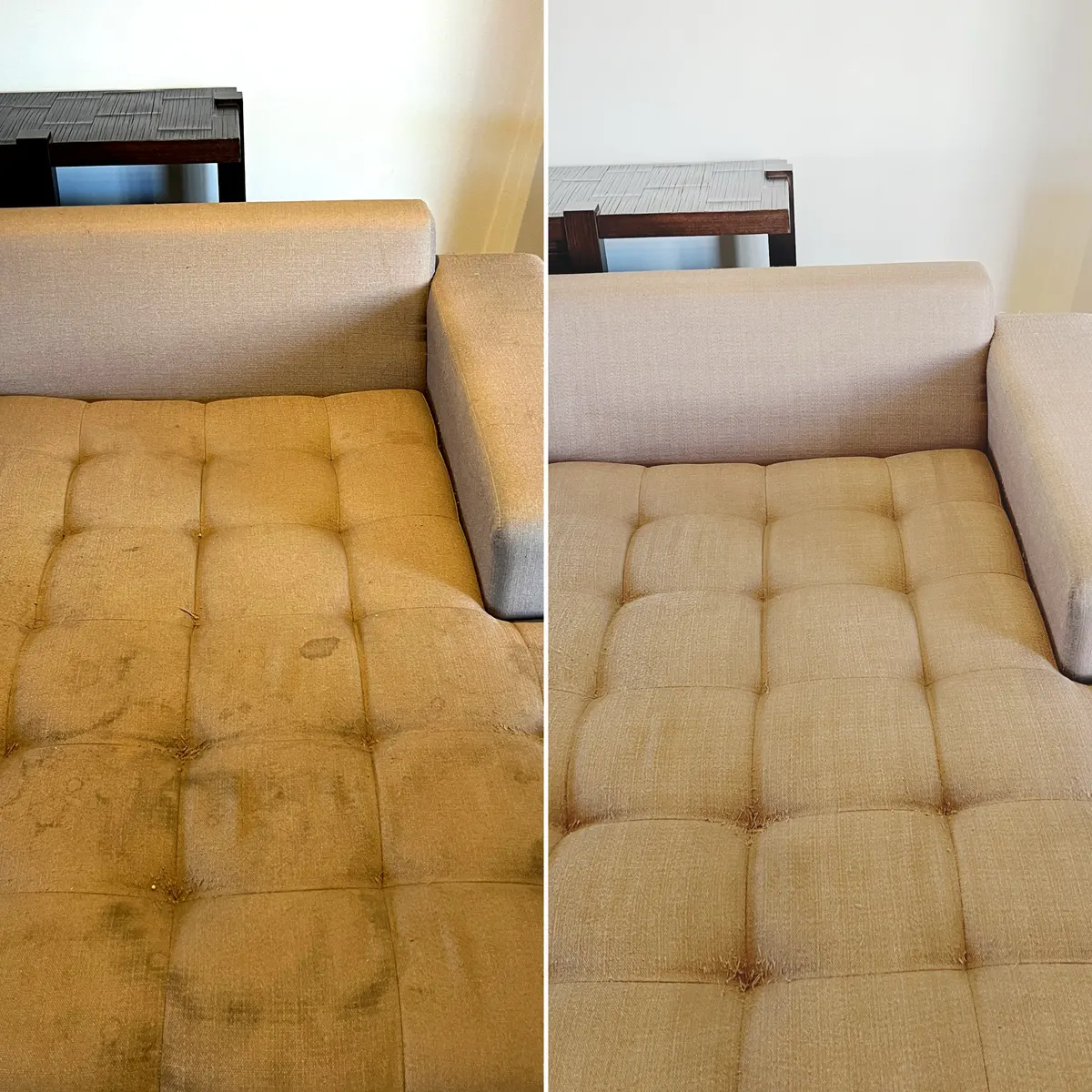 A mustard sofa seat with dark marks, before and after cleaning. The seat is back to its light colour.