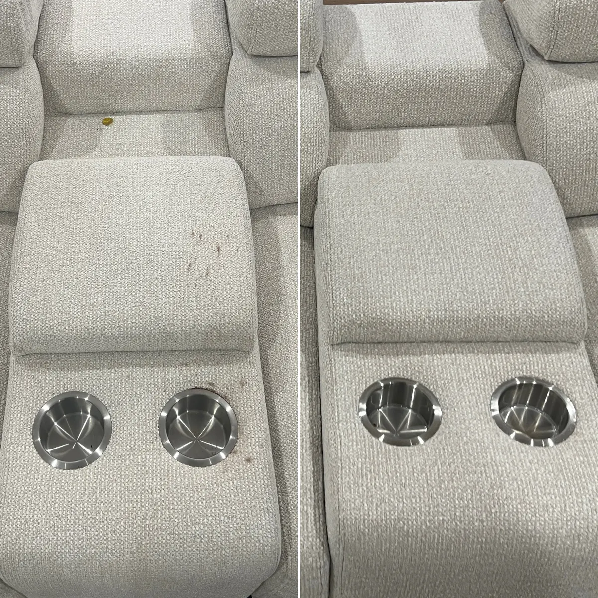 Close-up of a sofa console with cup holders in Werribee, before and after. The red spots around the holders are gone.