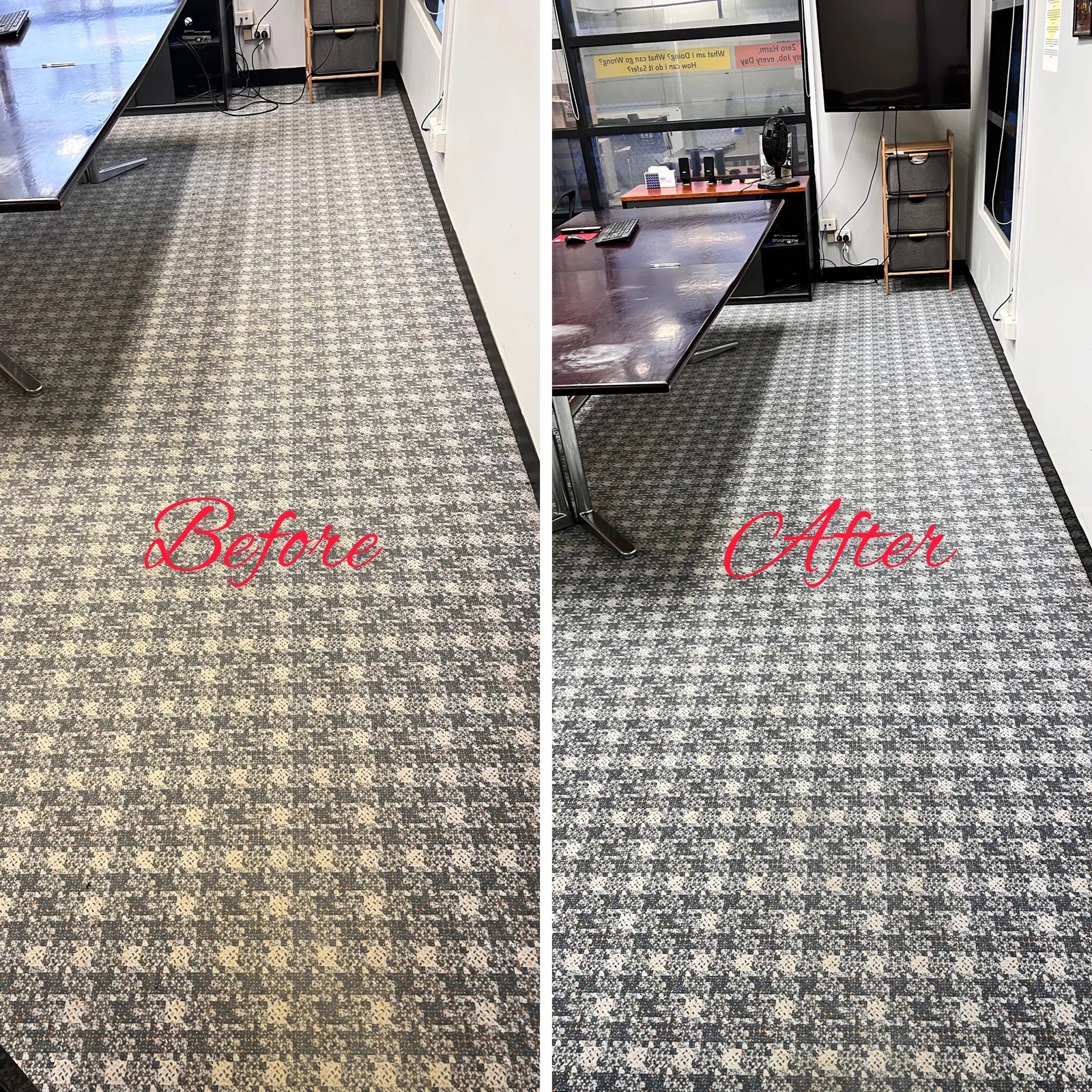 Patterned carpet before and after end of lease cleaning by Green Lion, Melbourne’s west