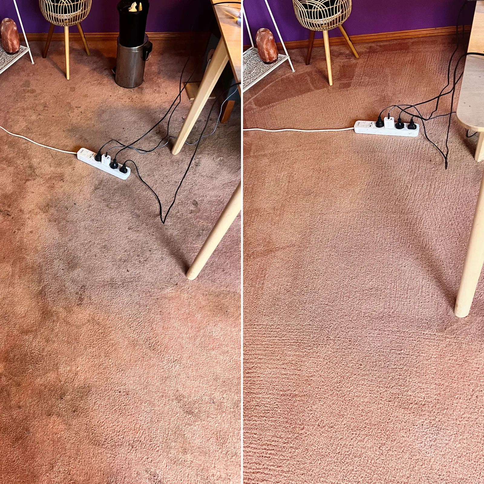 Heavily soiled lounge-room carpet before cleaning beside the same carpet after hot-water extraction by Green Lion