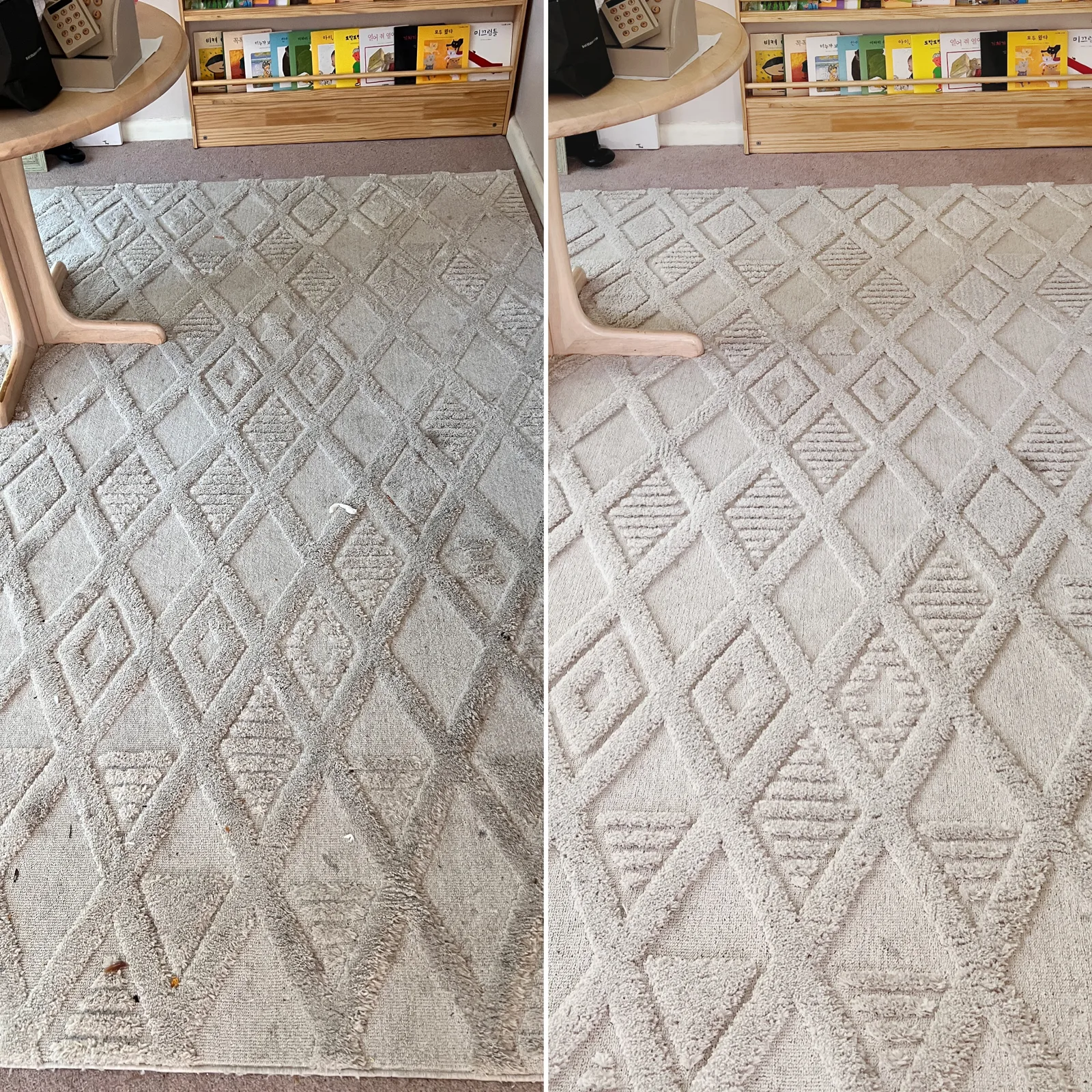 Textured cream rug before cleaning beside the same rug after a rug-safe clean by Green Lion