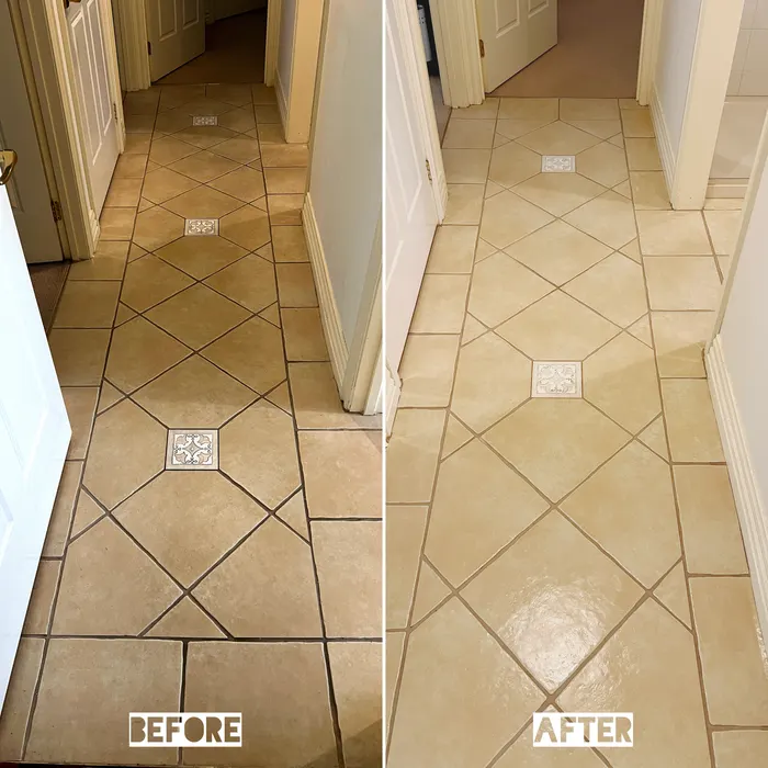 Diamond-laid hallway tiles before and after a tile and grout clean by Green Lion