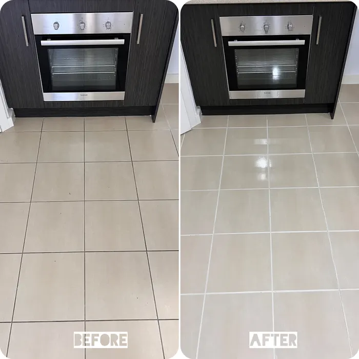 Kitchen floor tiles by the oven before and after a tile and grout clean by Green Lion