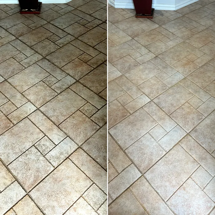 Entry hall floor tiles in Wyndham Vale before and after tile and grout cleaning by Green Lion