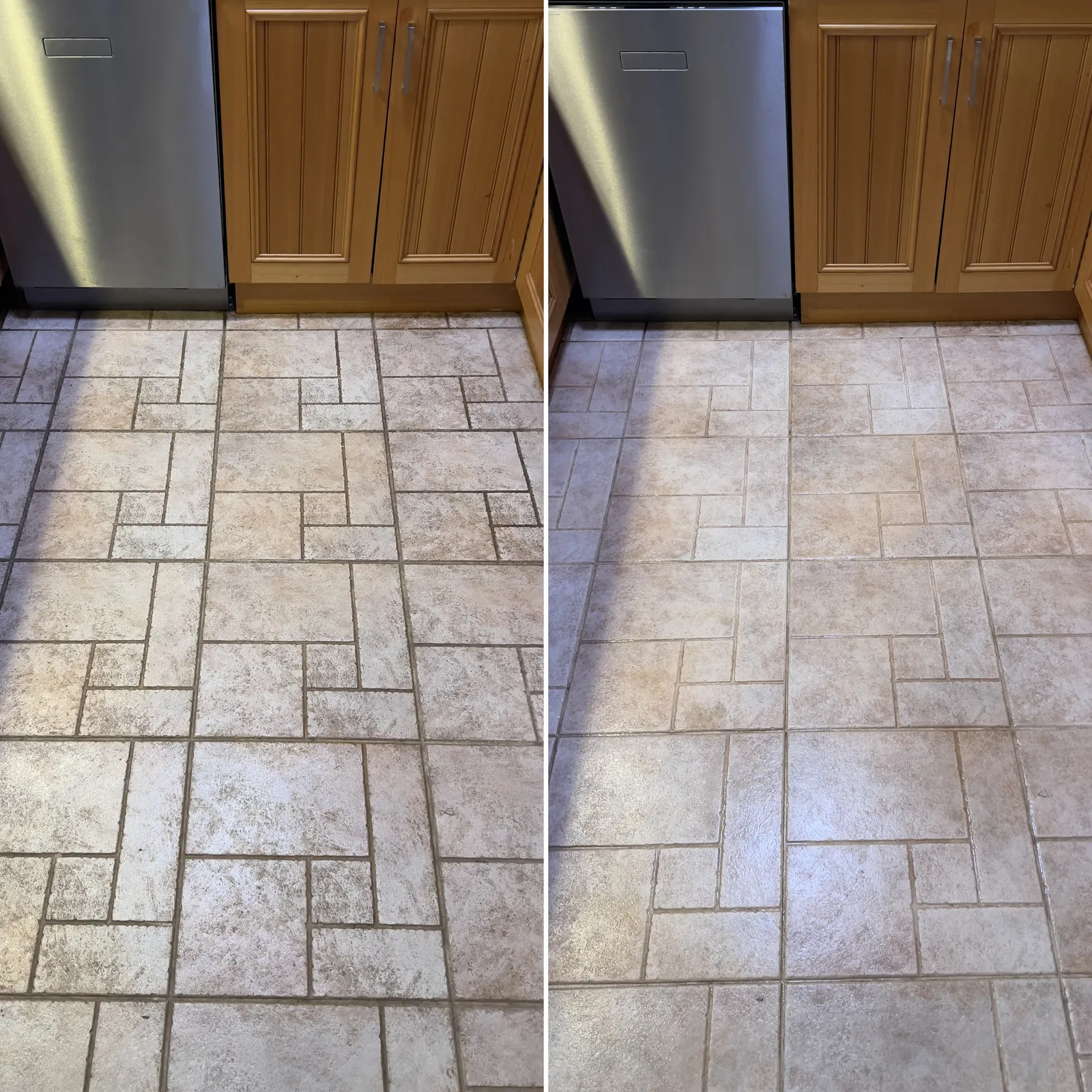 Kitchen floor tiles in Wyndham Vale before and after a tile and grout clean by Green Lion, the grout lines light again