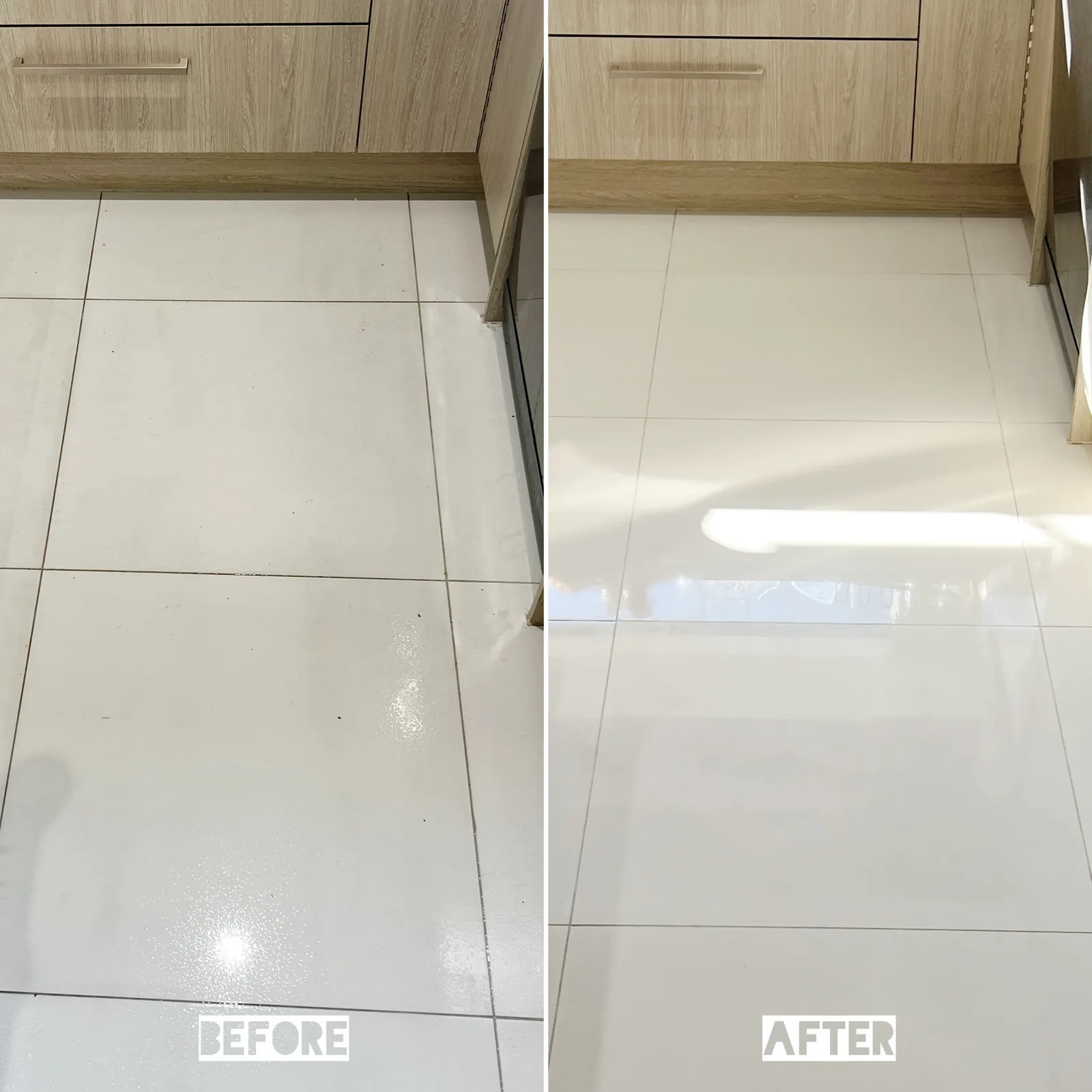 Dull kitchen floor tiles before and after a tile and grout restoration clean by Green Lion