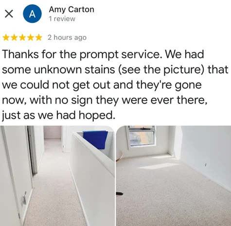 Five-star Google review from Amy Carton with their own before and after photos of the clean