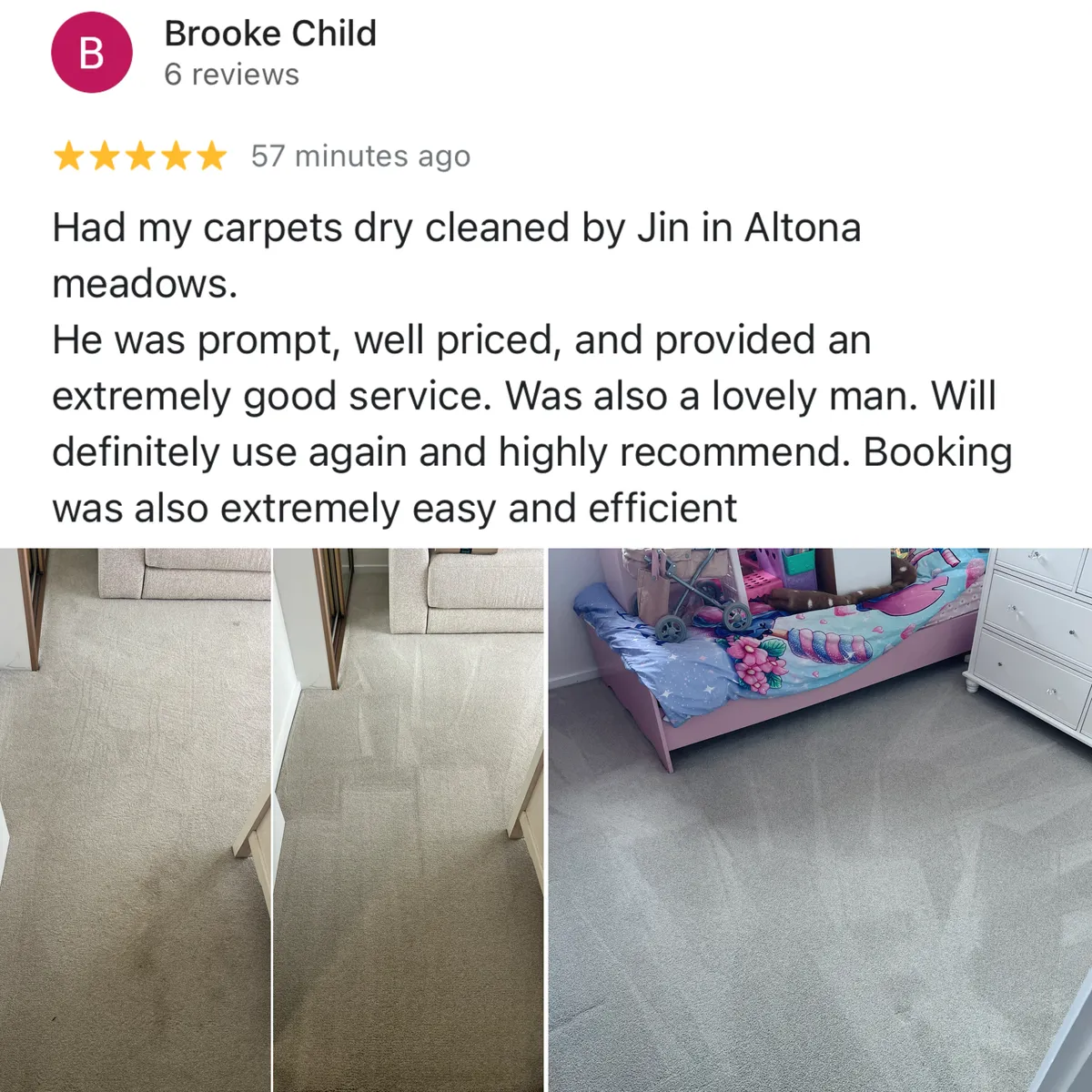 Five-star Google review from Brooke Child, shown with Green Lion's photos from the job