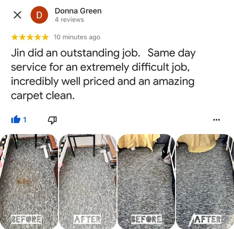 Five-star Google review from Donna Green with their own before and after photos of the clean