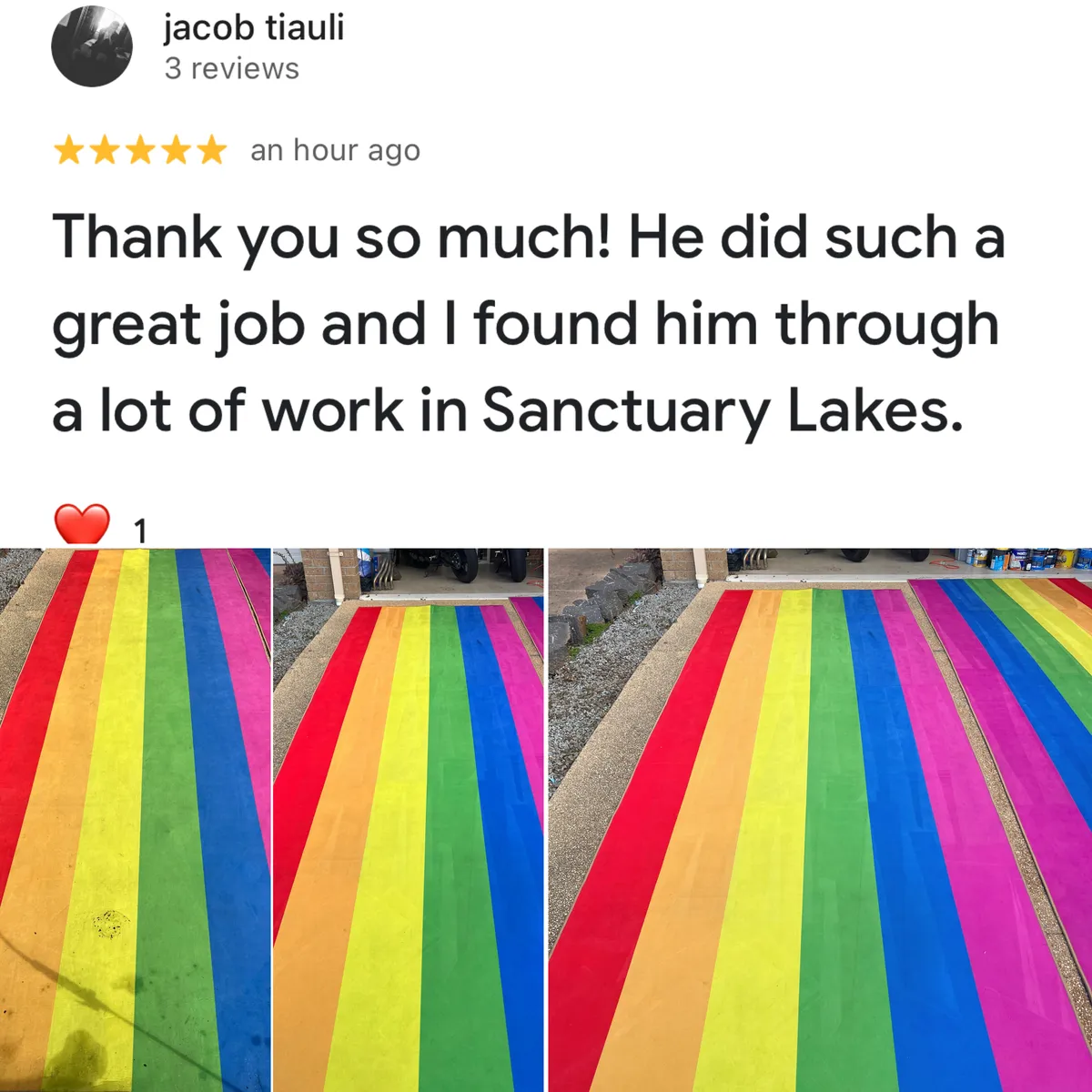 Five-star Google review from jacob tiauli, shown with Green Lion's photos from the job