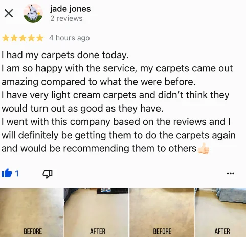 Five-star Google review from Jade Jones with their own before and after photos of the clean