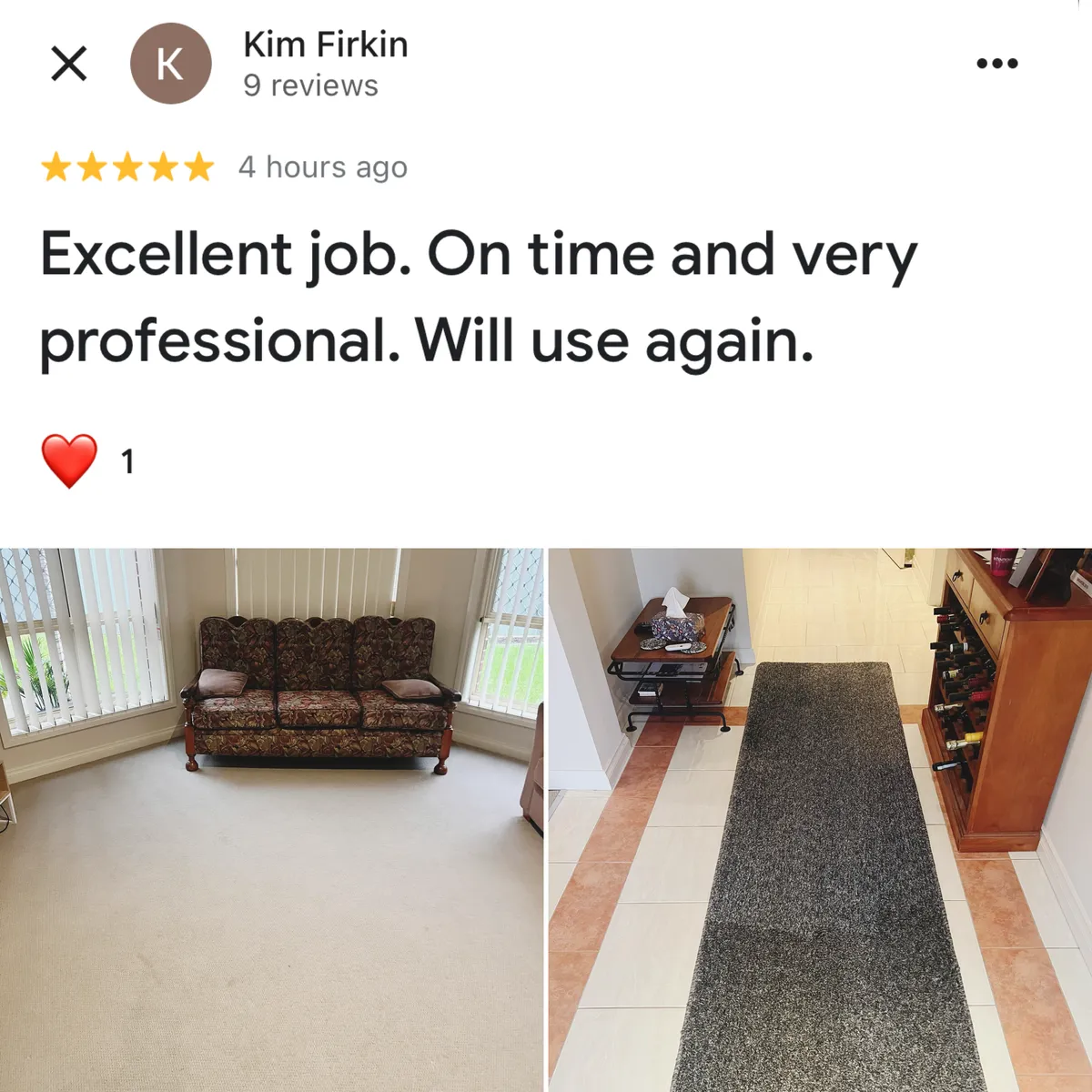 Five-star Google review from Kim Firkin, shown with Green Lion's photos from the job